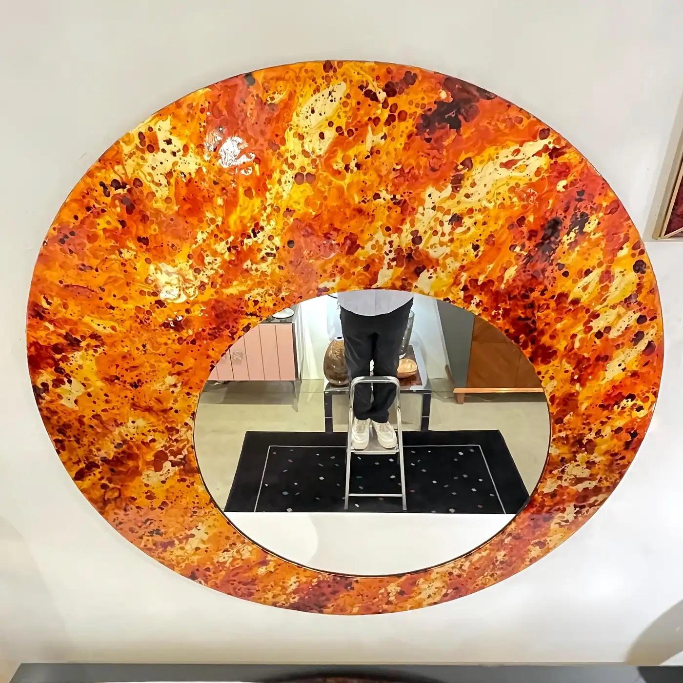 Contemporary Italian Postmodern Orange Copper Enamel Fiber Glass Round Mirror For Sale 9