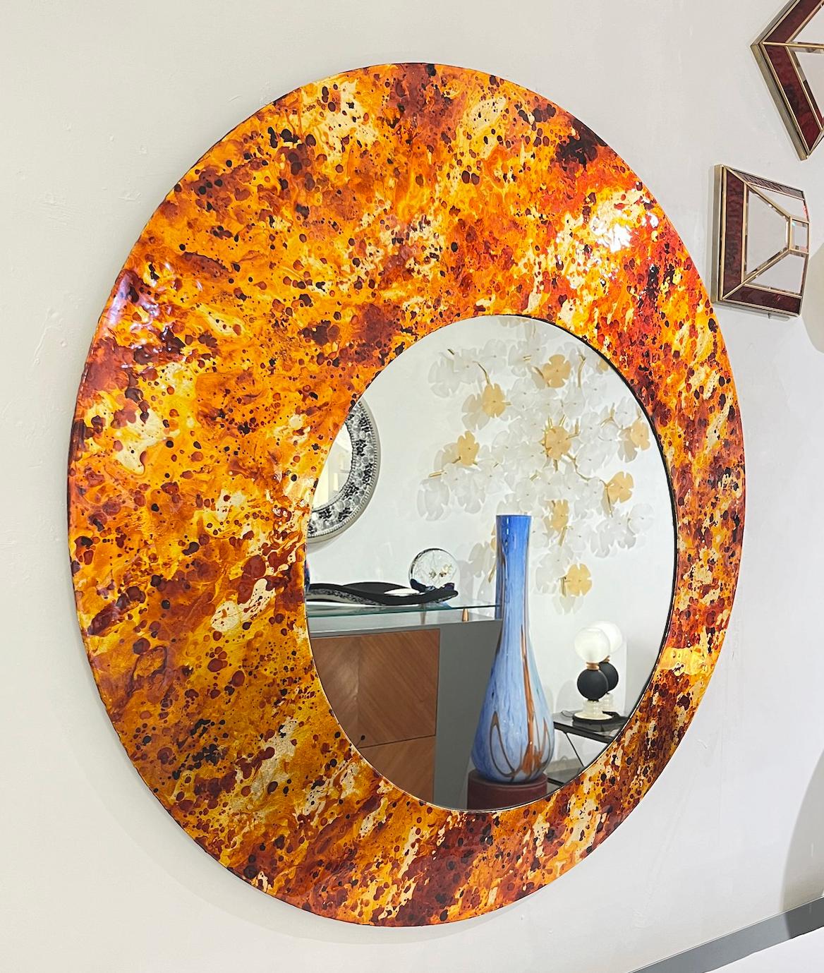 Contemporary Italian Postmodern Orange Copper Enamel Fiber Glass Round Mirror For Sale 3