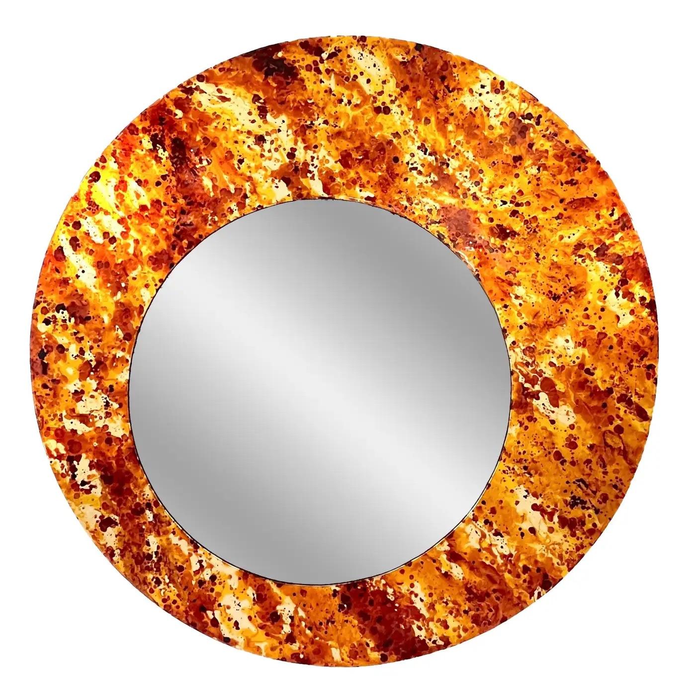 Italian entirely handcrafted as a sculptural artistic work, this round mirror of flat shape with an offset round mirrored plate acquires a modern interesting individuality, with the language of an abstract modern painting in organic colors, like the