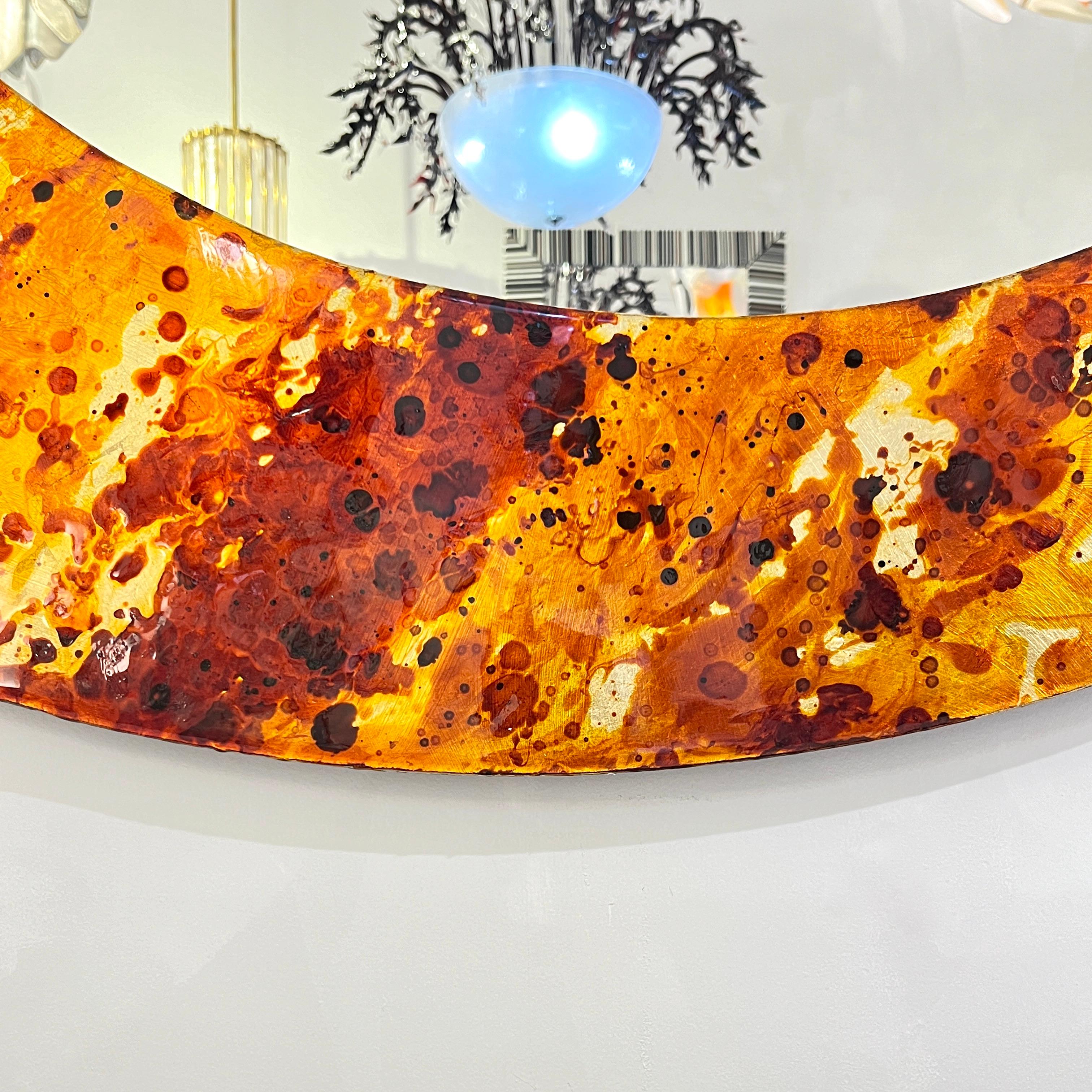 Hand-Painted Contemporary Italian Postmodern Orange Copper Enamel Fiber Glass Round Mirror For Sale