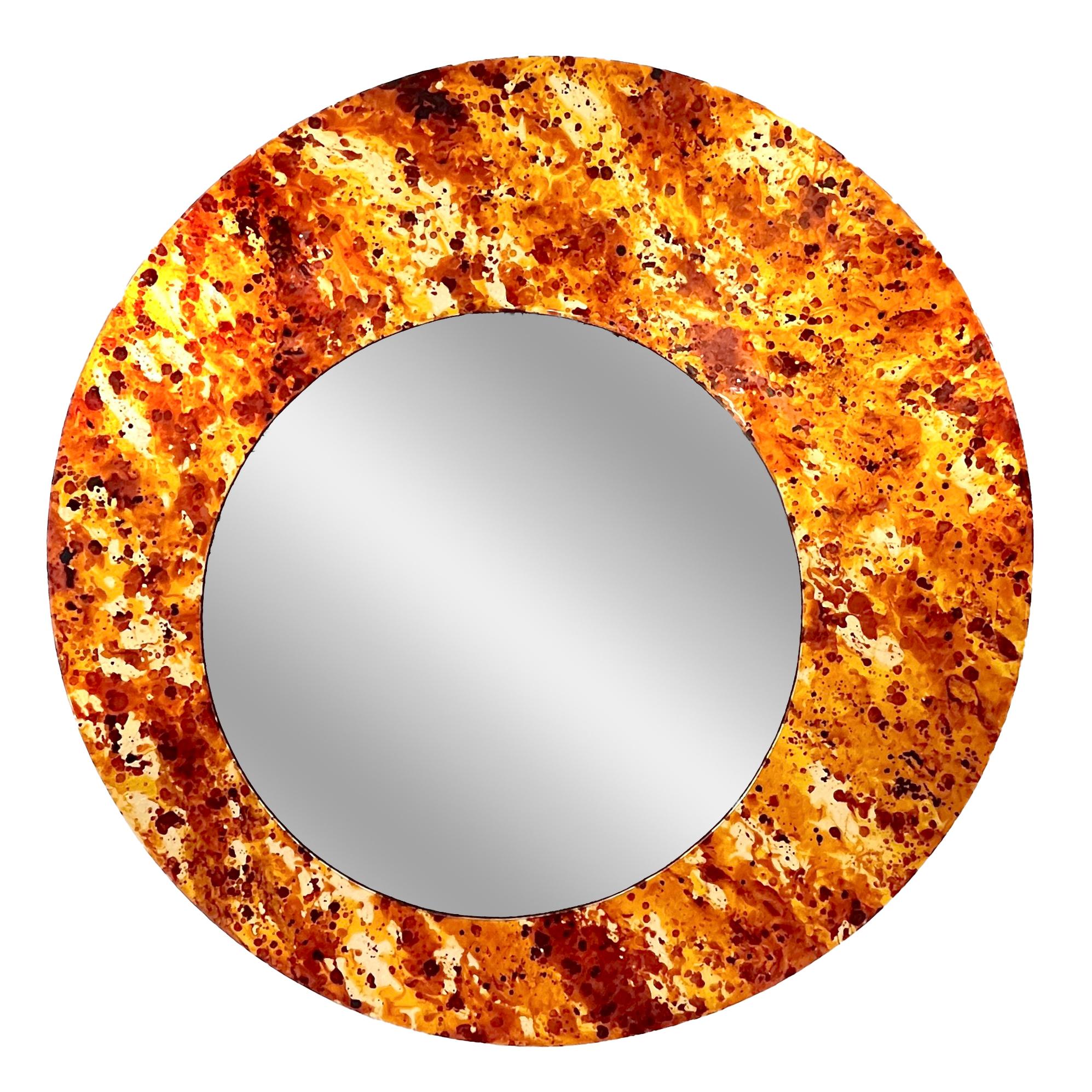 Italian entirely handcrafted as a sculptural artistic work, this round mirror of flat shape with an offset round mirrored plate acquires a modern interesting individuality, with the language of an abstract modern painting in organic colors, like the