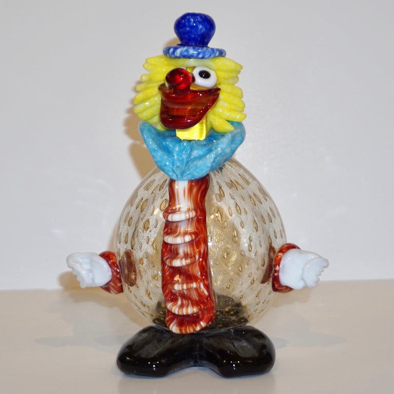 Contemporary Italian Red Amber Blue Murano Glass Clown Sculpture with ...