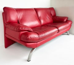 Contemporary Italian Red Leather Love Seat, Metal Legs