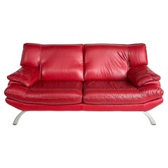 Used Contemporary Italian Red Leather Love Seat, Metal Legs