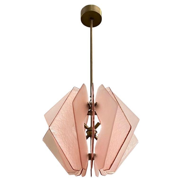 Contemporary Italian Rose Pink Textured Murano Glass Bronze Pendant/Chandelier For Sale