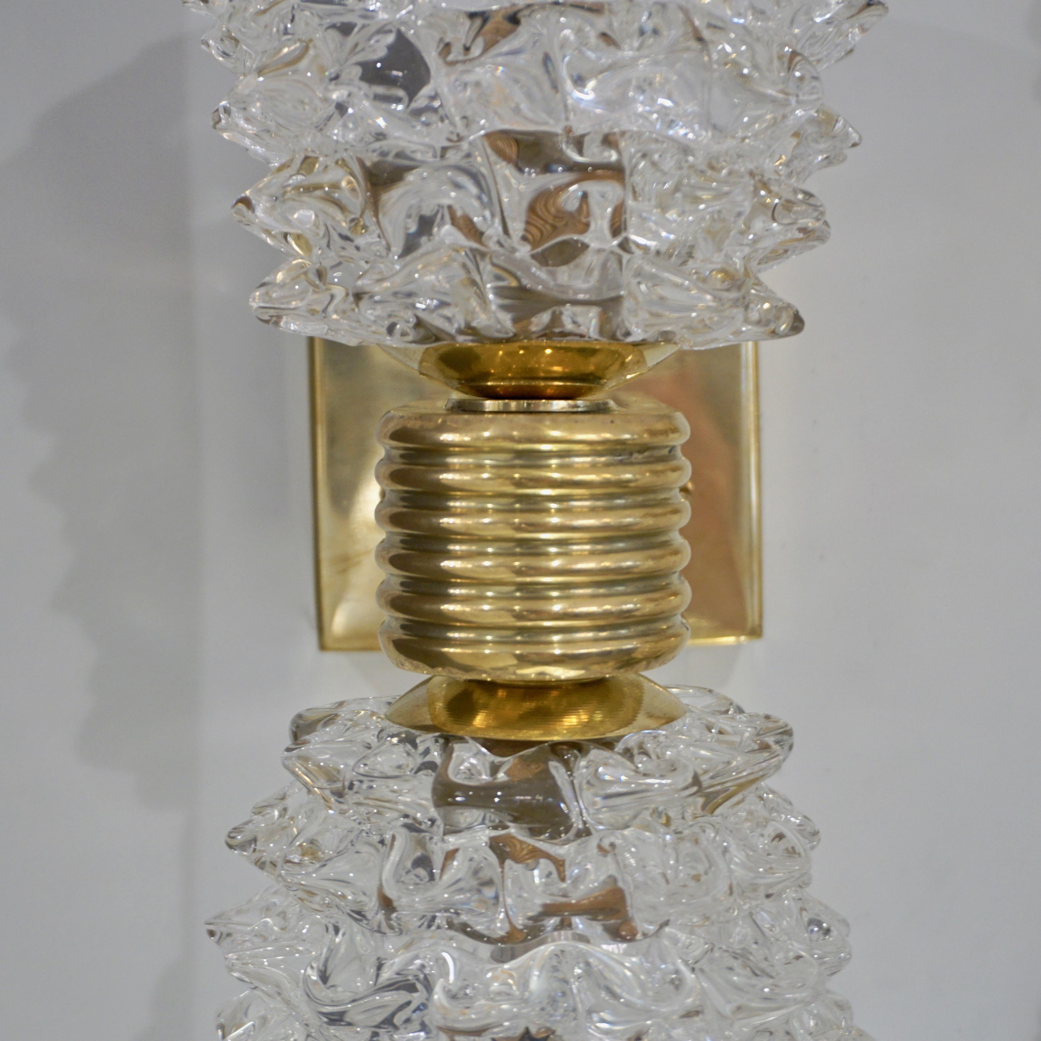 Contemporary Italian Rostrato Crystal Murano Glass & Brass Double-Lit Sconce For Sale 5