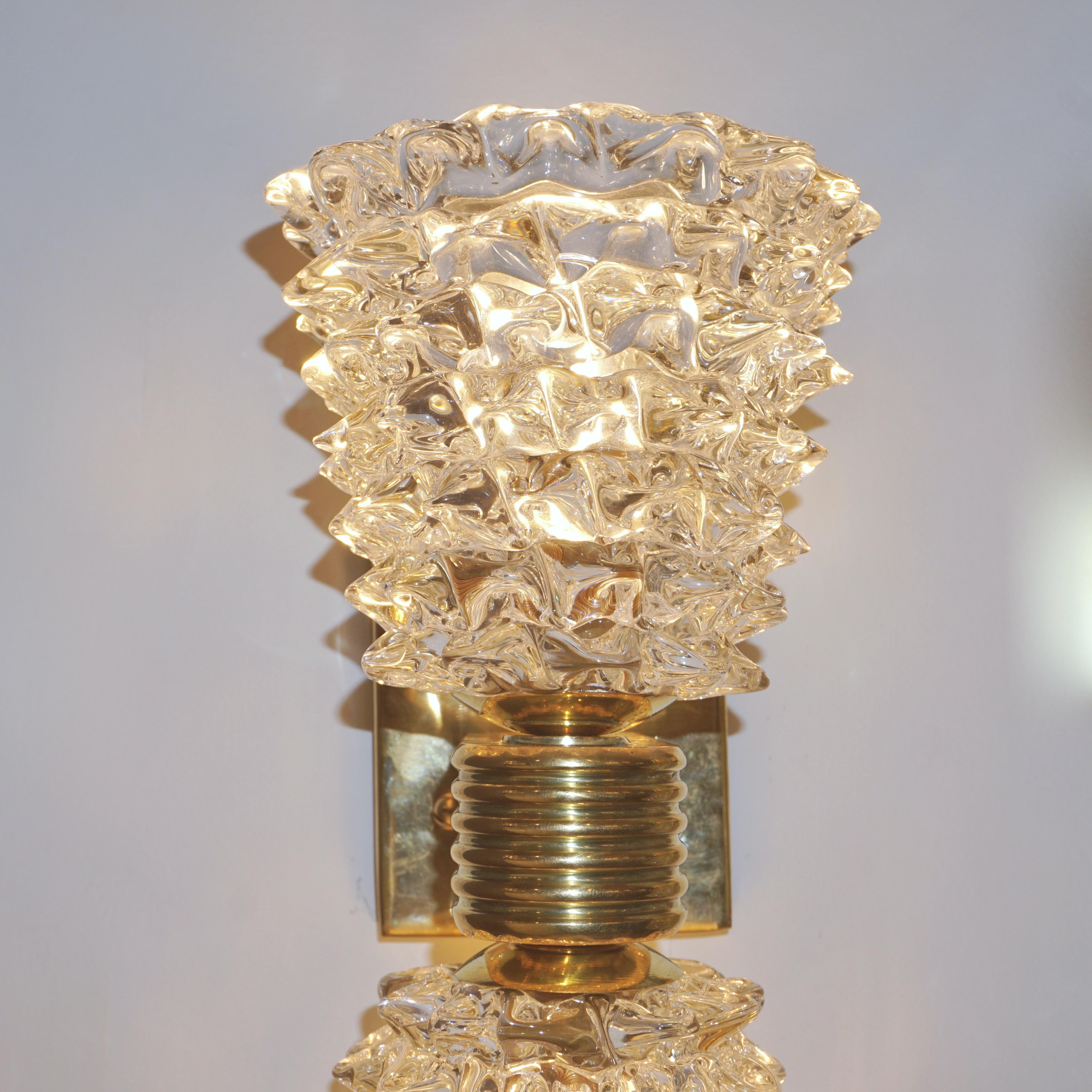 Mid-Century Modern Contemporary Italian Rostrato Crystal Murano Glass & Brass Double-Lit Sconce For Sale