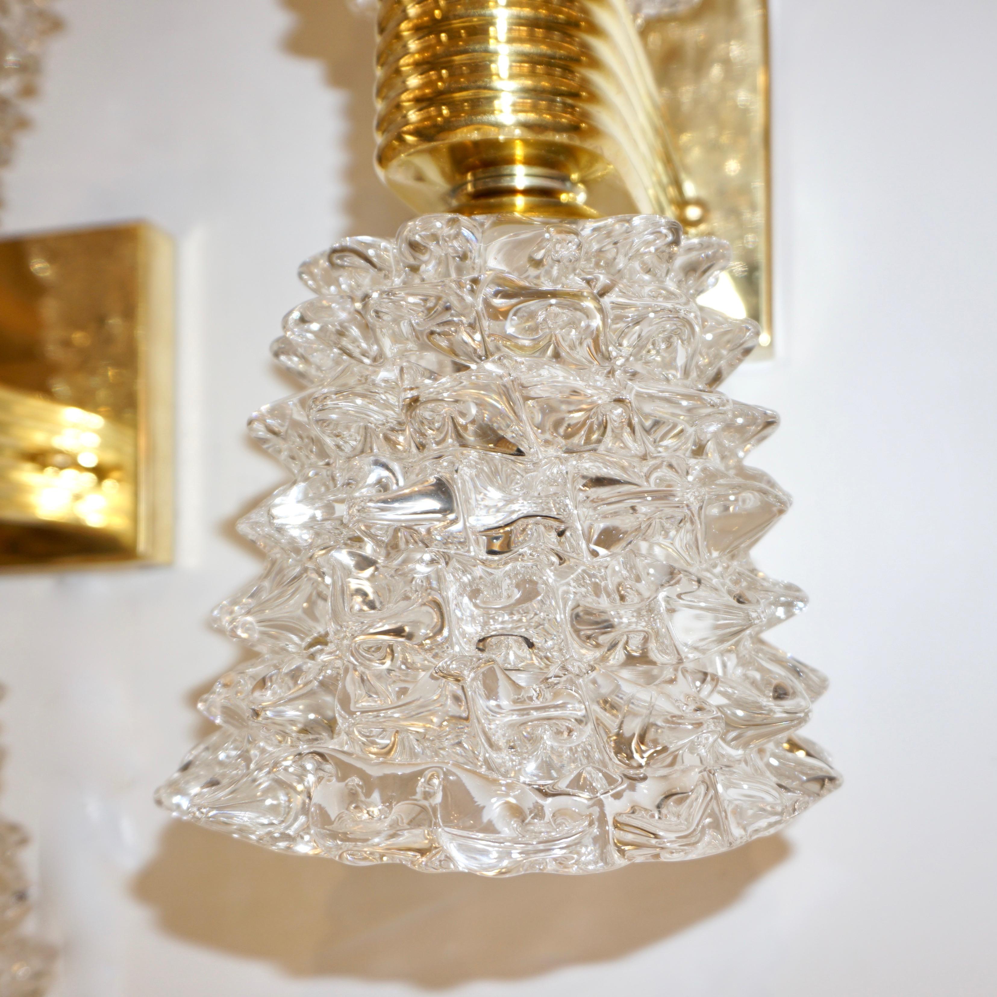 Contemporary Italian Rostrato Crystal Murano Glass & Brass Double-Lit Sconce For Sale 3