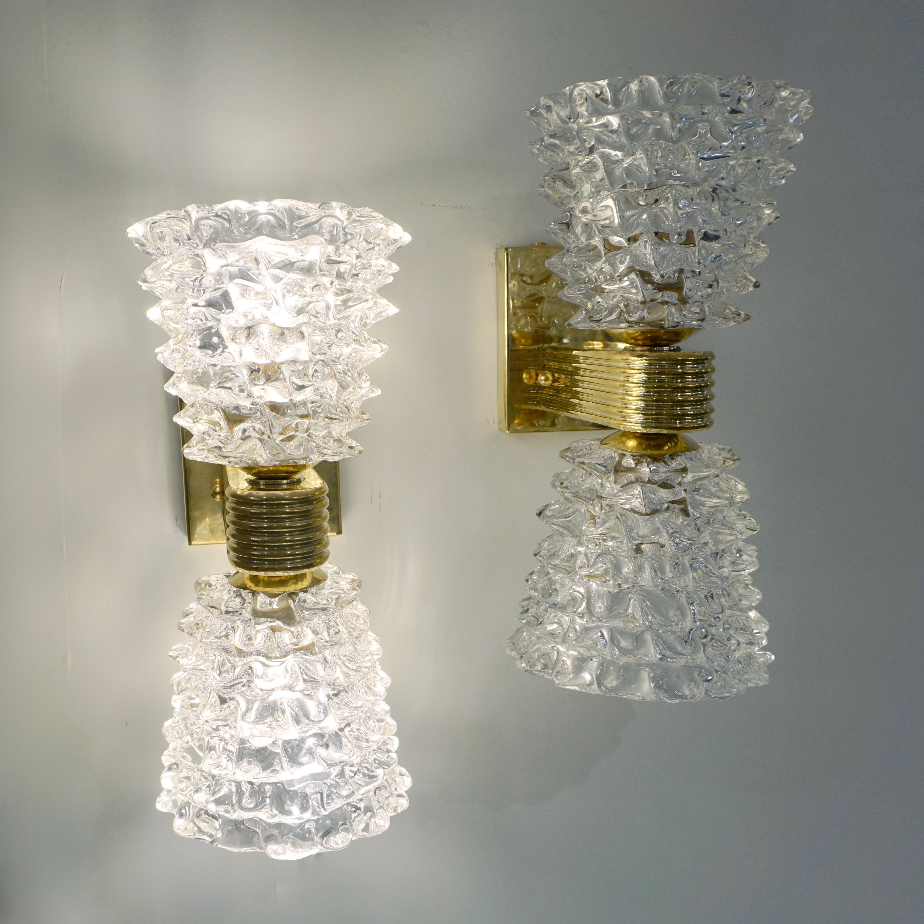 Contemporary Italian Rostrato Crystal Murano Glass & Brass Double-Lit Sconces For Sale 5