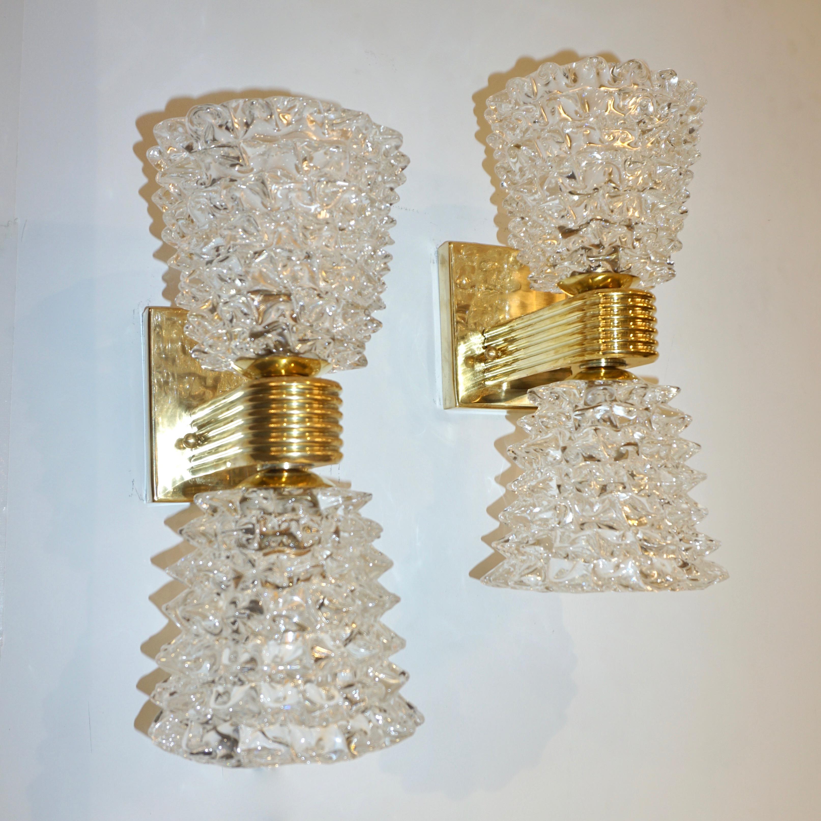 Contemporary Italian Rostrato Crystal Murano Glass & Brass Double-Lit Sconces For Sale 6