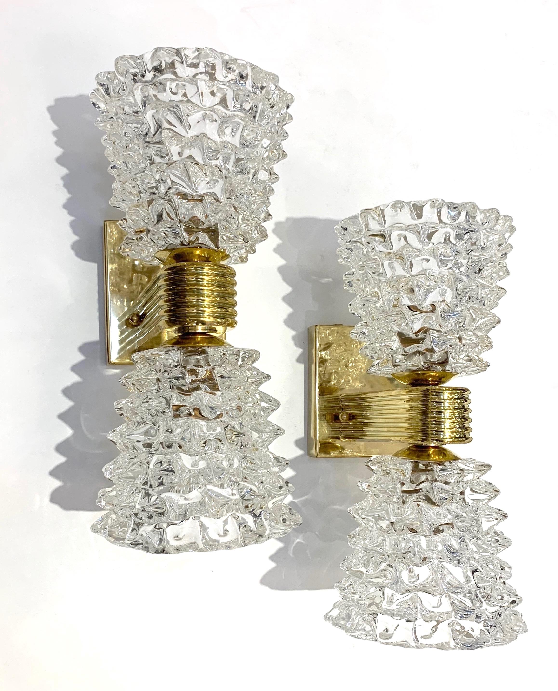 Contemporary Italian Rostrato Crystal Murano Glass & Brass Double-Lit Sconces For Sale 5