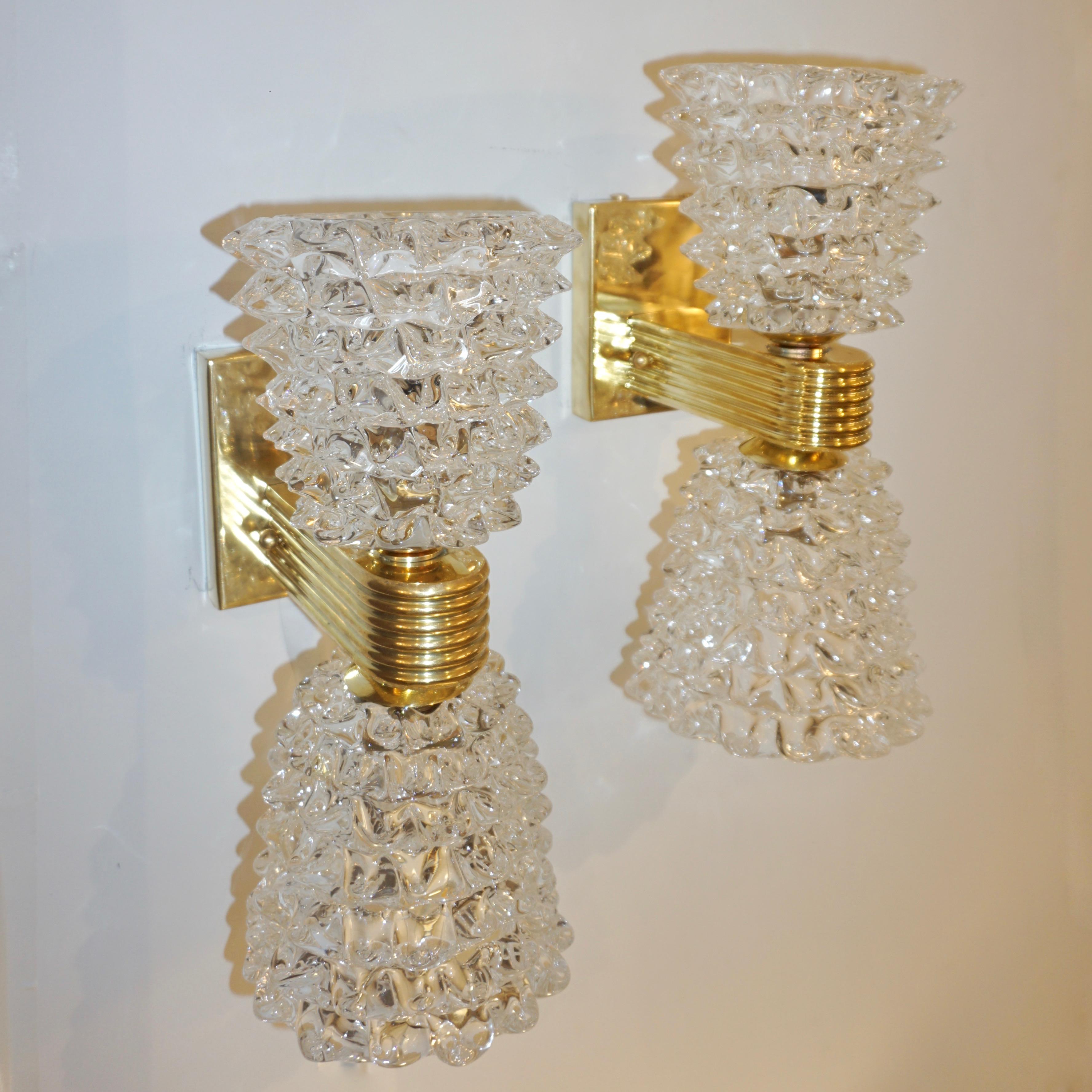 Contemporary Italian Rostrato Crystal Murano Glass & Brass Double-Lit Sconces For Sale 7