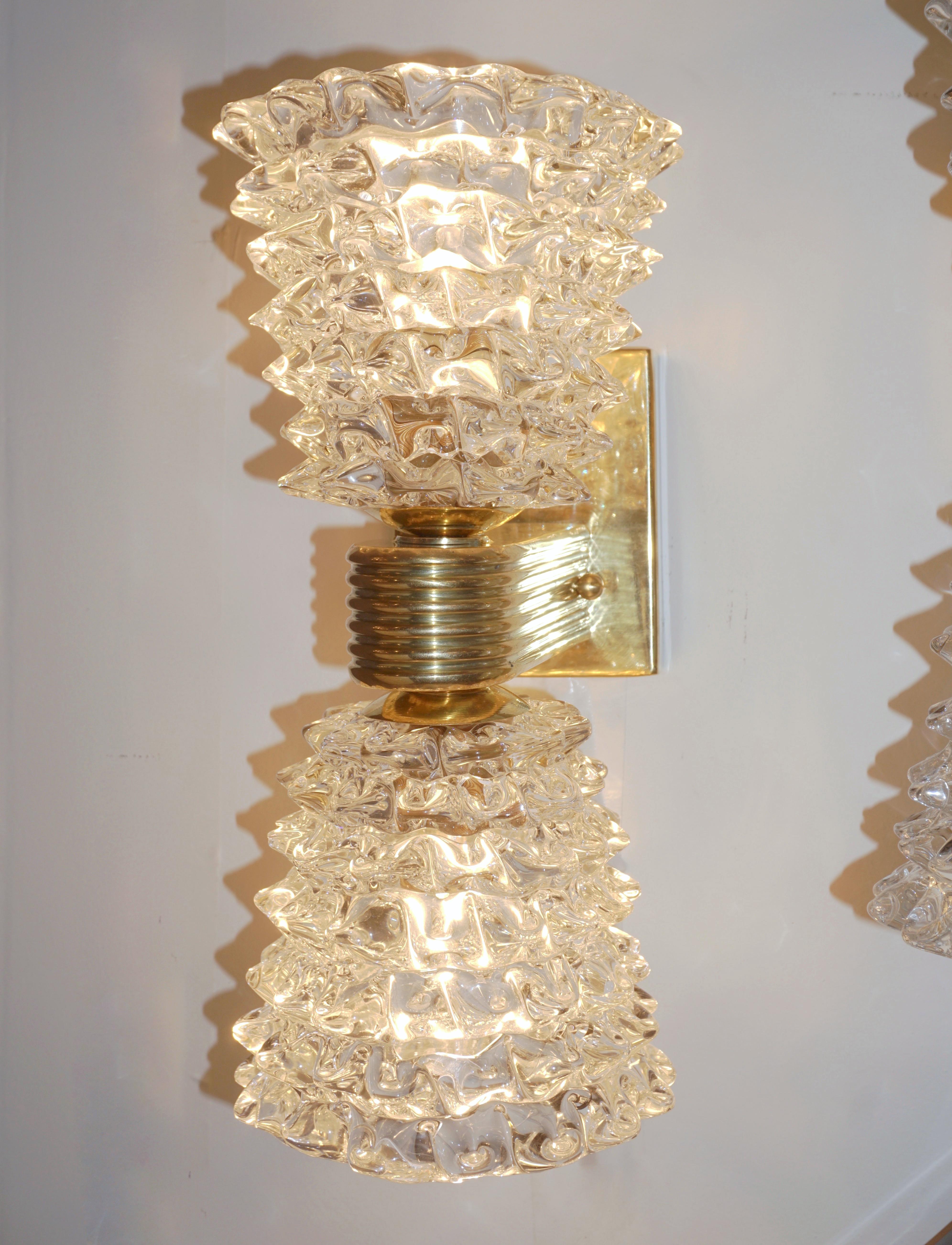 Hand-Crafted Contemporary Italian Rostrato Crystal Murano Glass & Brass Double-Lit Sconces For Sale