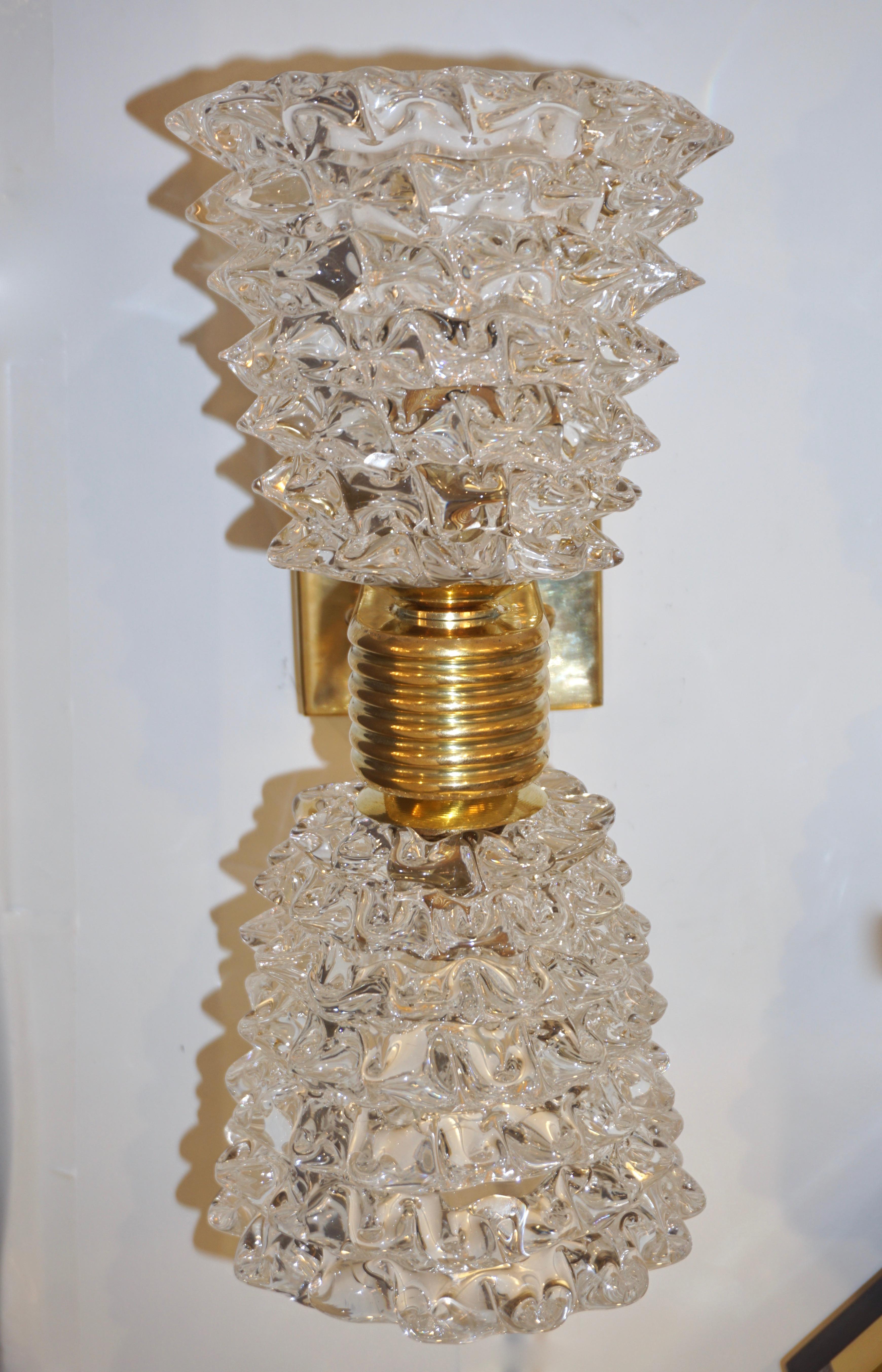 Contemporary Italian Rostrato Crystal Murano Glass & Brass Double-Lit Sconces In New Condition For Sale In New York, NY