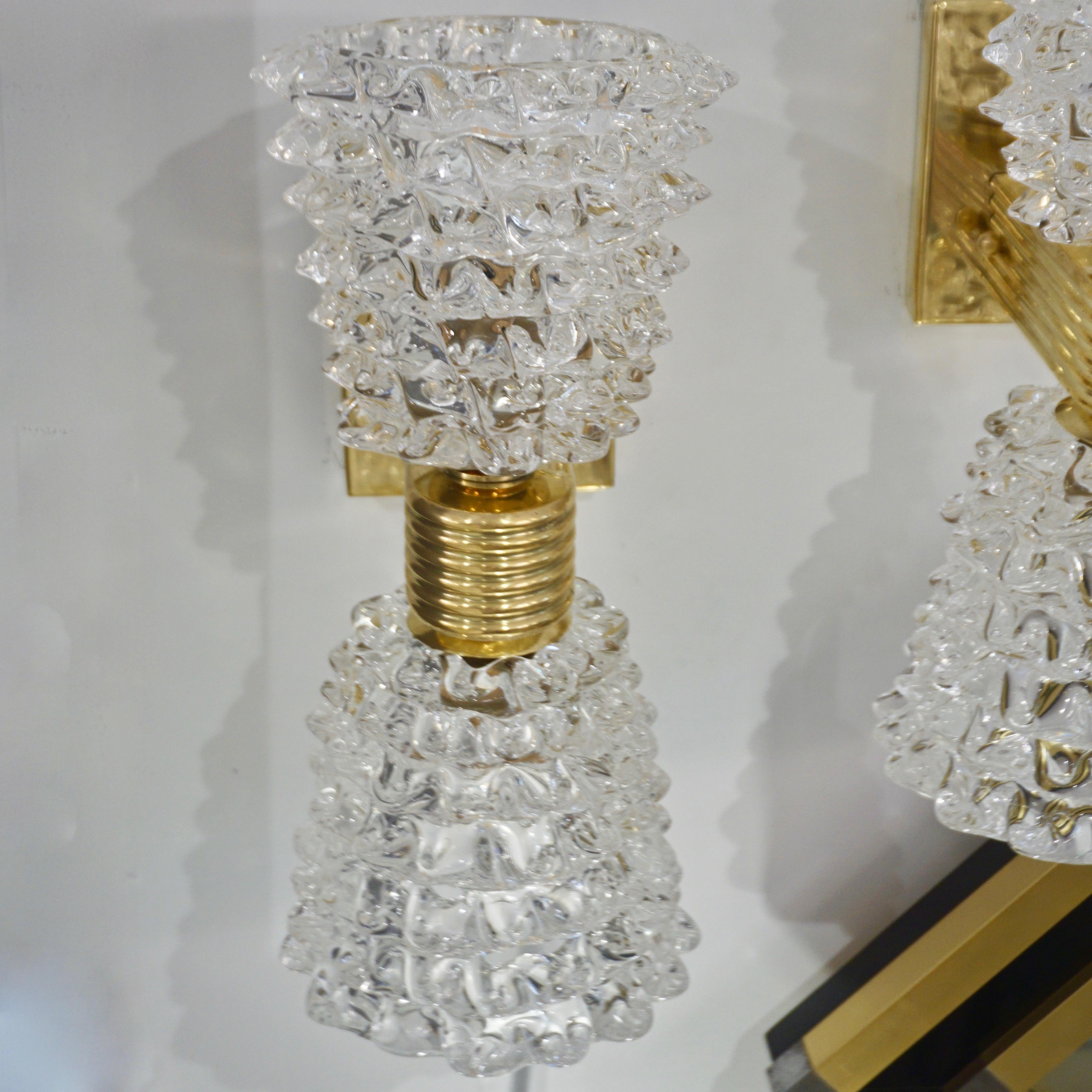 Contemporary Italian Rostrato Crystal Murano Glass & Brass Double-Lit Sconces For Sale 3