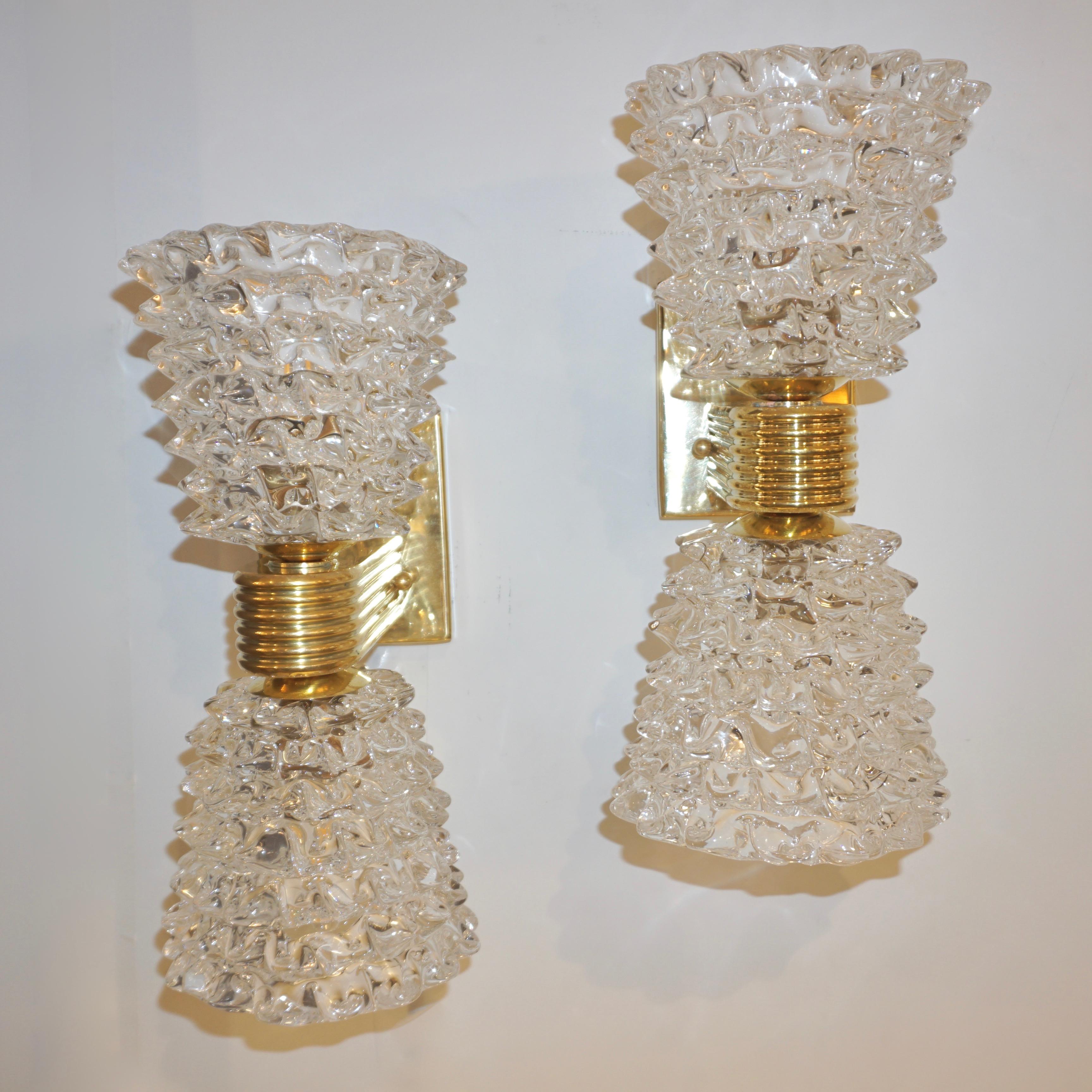 Contemporary Italian Rostrato Crystal Murano Glass & Brass Double-Lit Sconces im Angebot 1