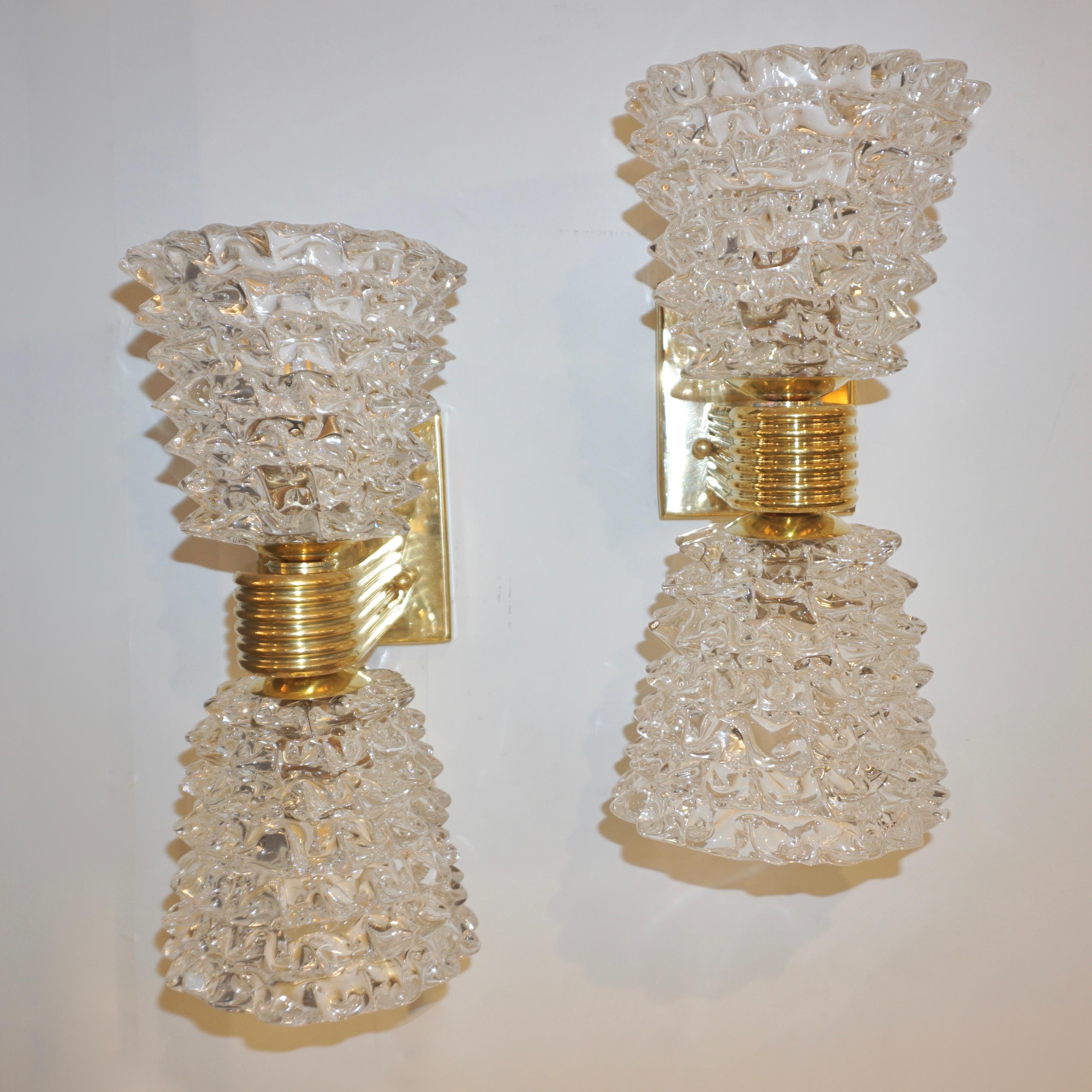 Contemporary Italian Rostrato Crystal Murano Glass & Brass Double-Lit Sconces For Sale 4