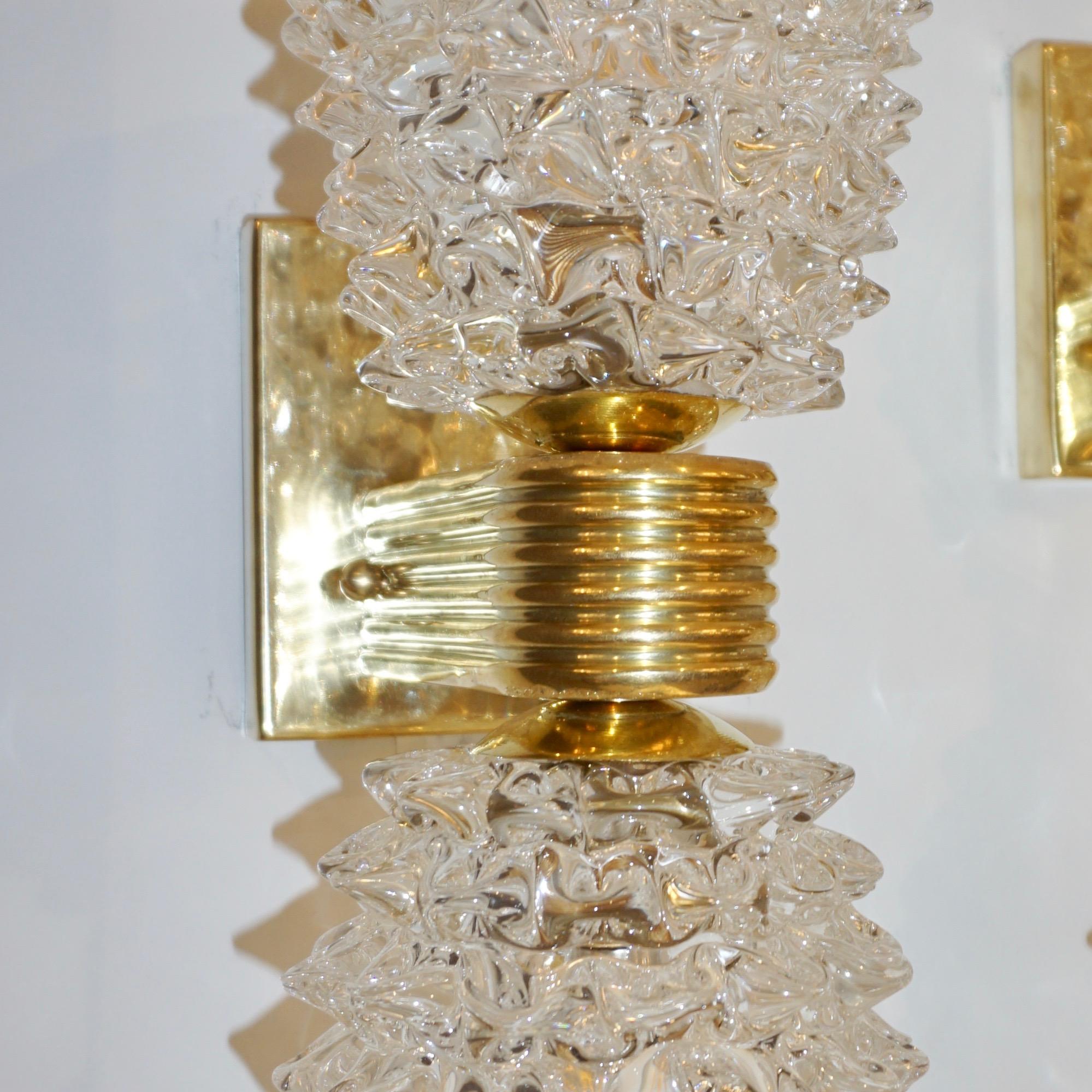 Contemporary Italian Rostrato Crystal Murano Glass & Brass Double-Lit Sconces For Sale 4