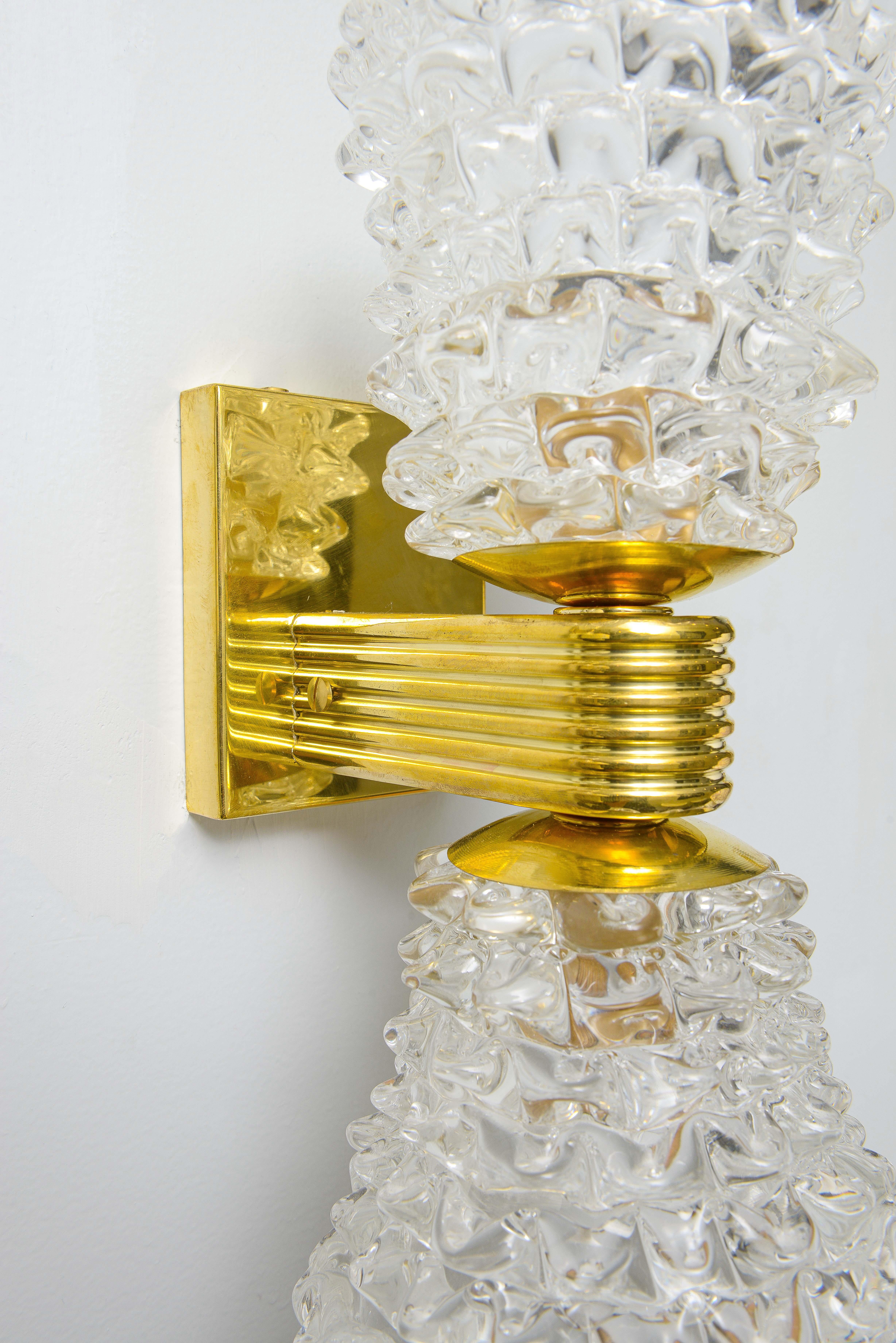 Contemporary Italian Rostrato Double-Arm Murano Glass and Brass Sconces For Sale 6