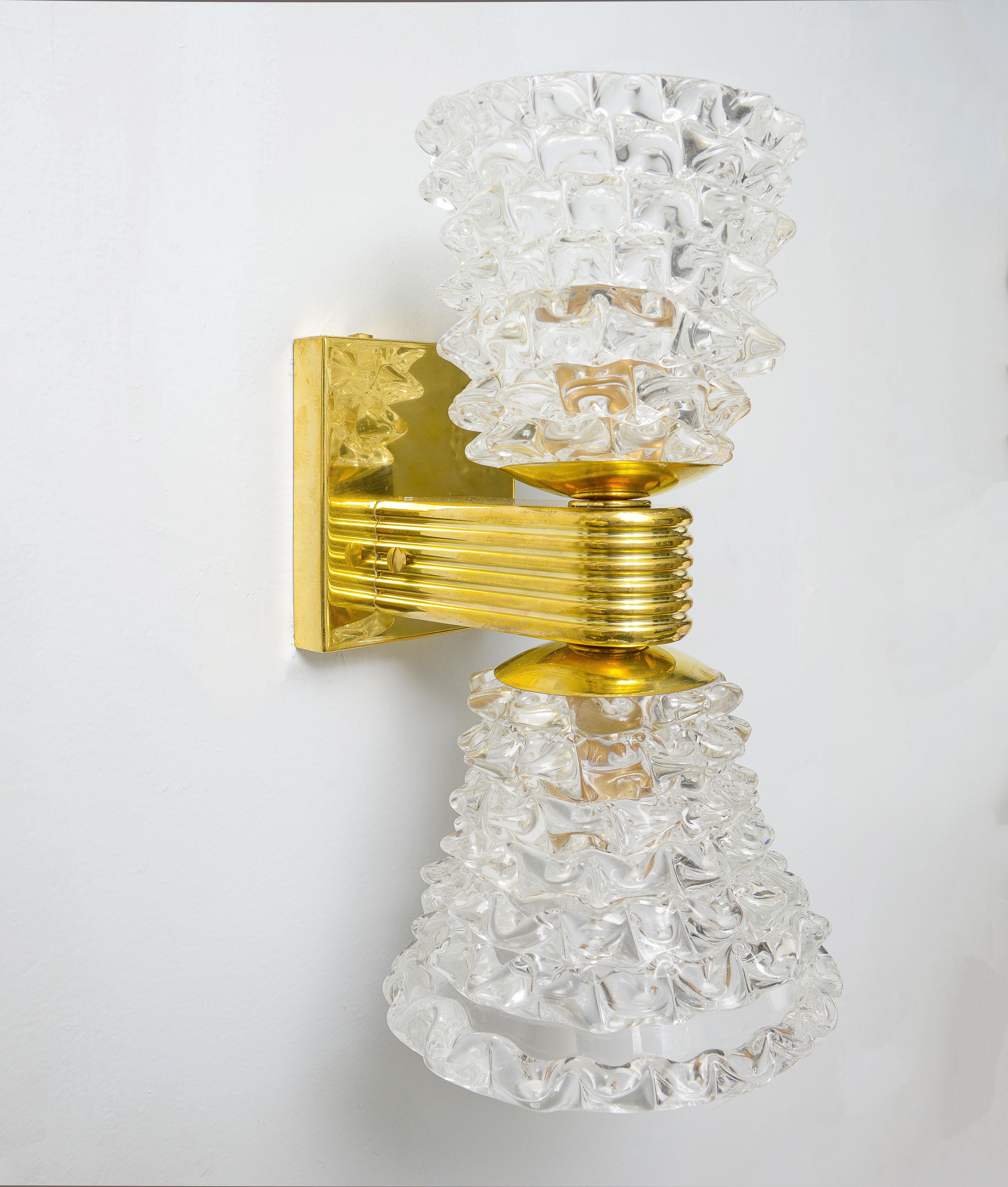 Contemporary Italian Rostrato Double-Arm Murano Glass and Brass Sconces For Sale 7