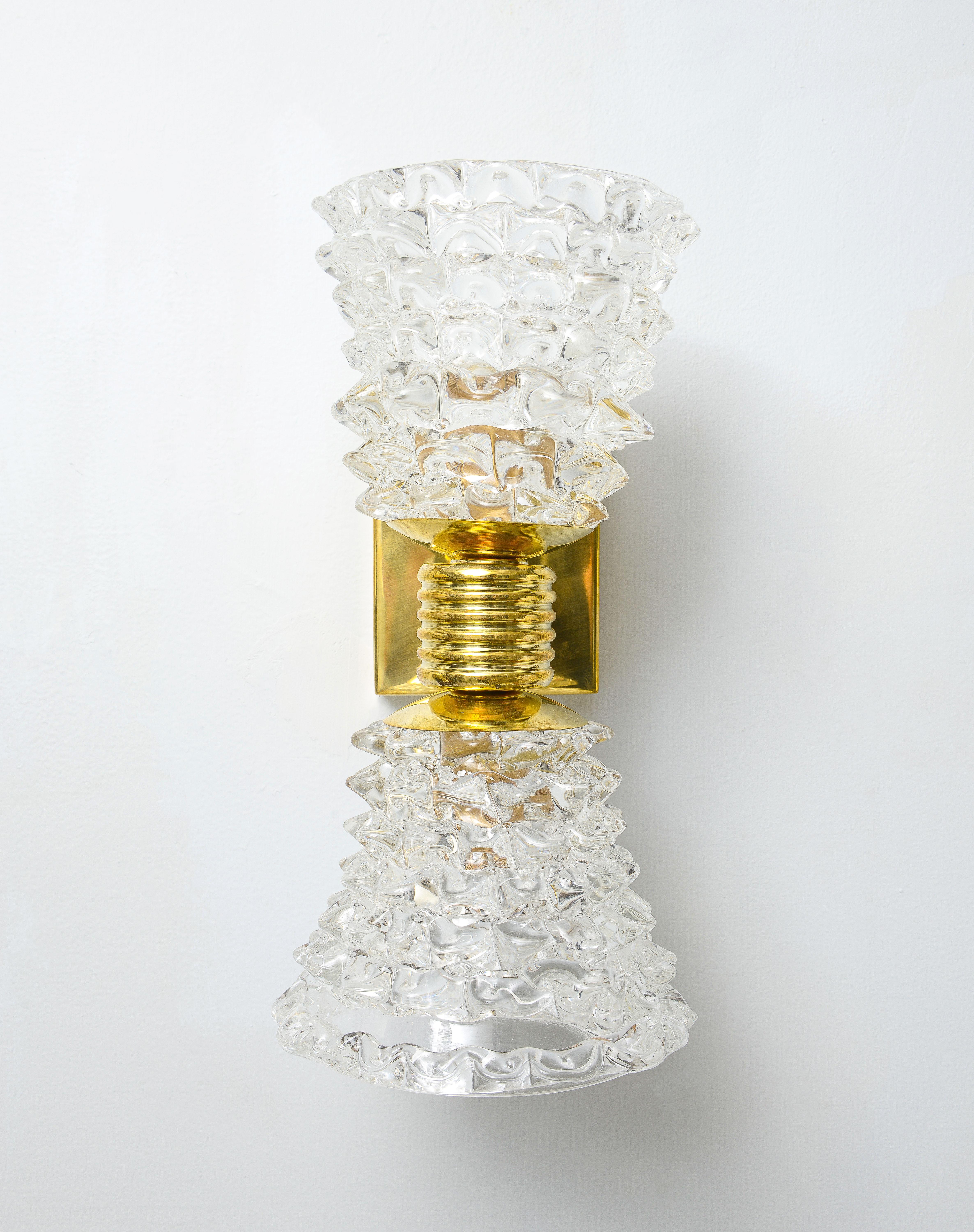 Contemporary Italian Rostrato Double-Arm Murano Glass and Brass Sconces.
We currently have one pair readily available.