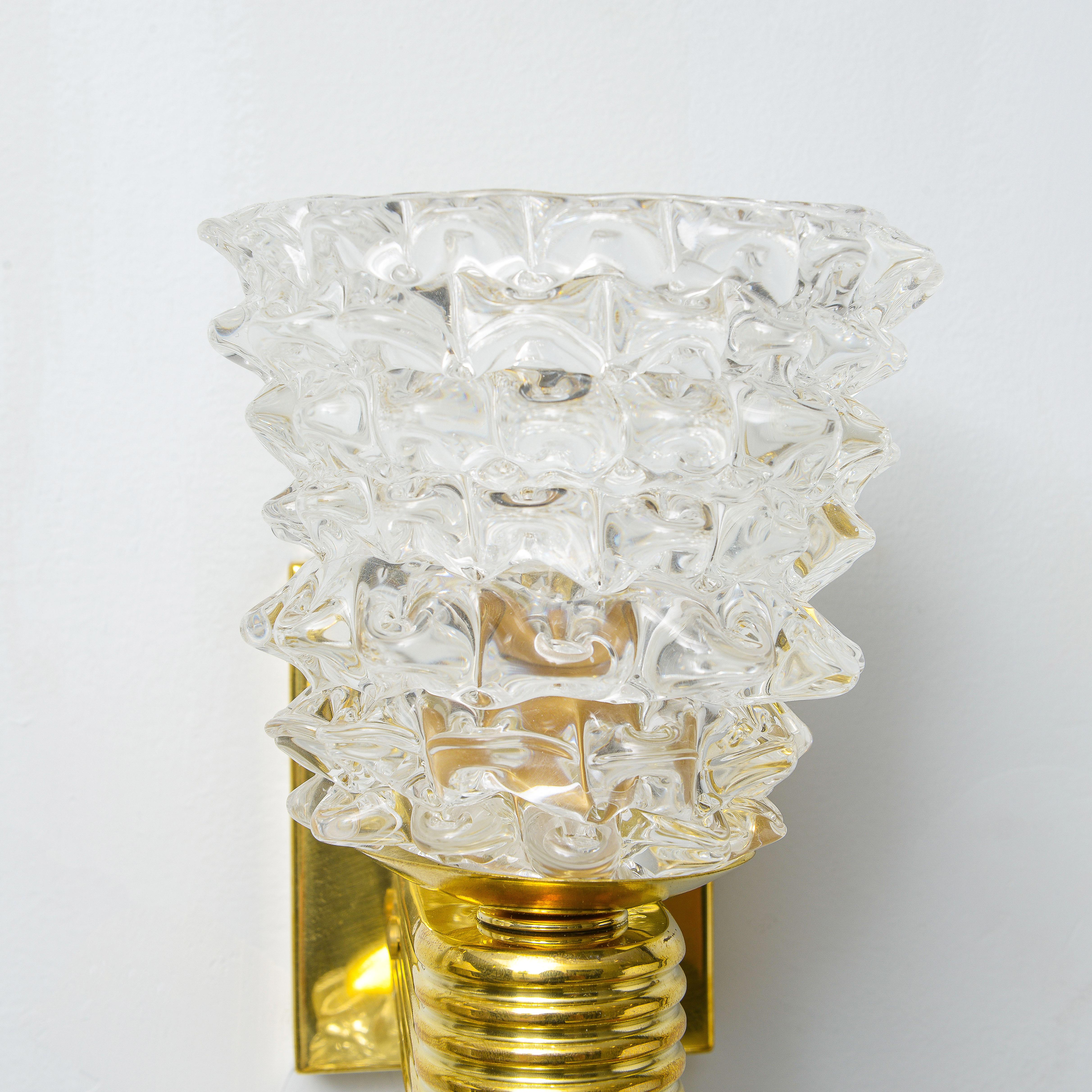 Contemporary Italian Rostrato Double-Arm Murano Glass and Brass Sconces In Excellent Condition For Sale In New York, NY