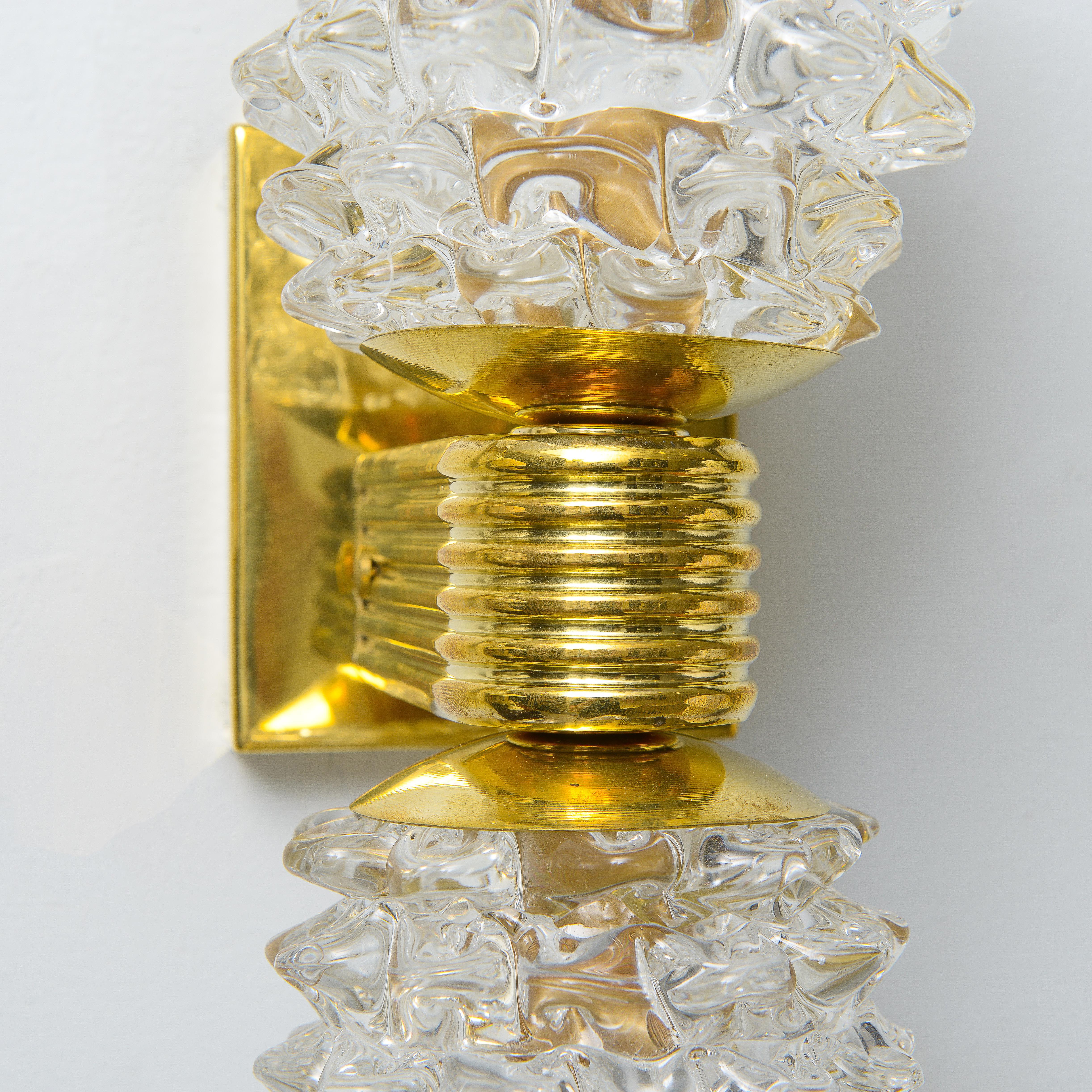 Hand-Crafted Contemporary Italian Rostrato Double-Arm Murano Glass and Brass Sconces For Sale