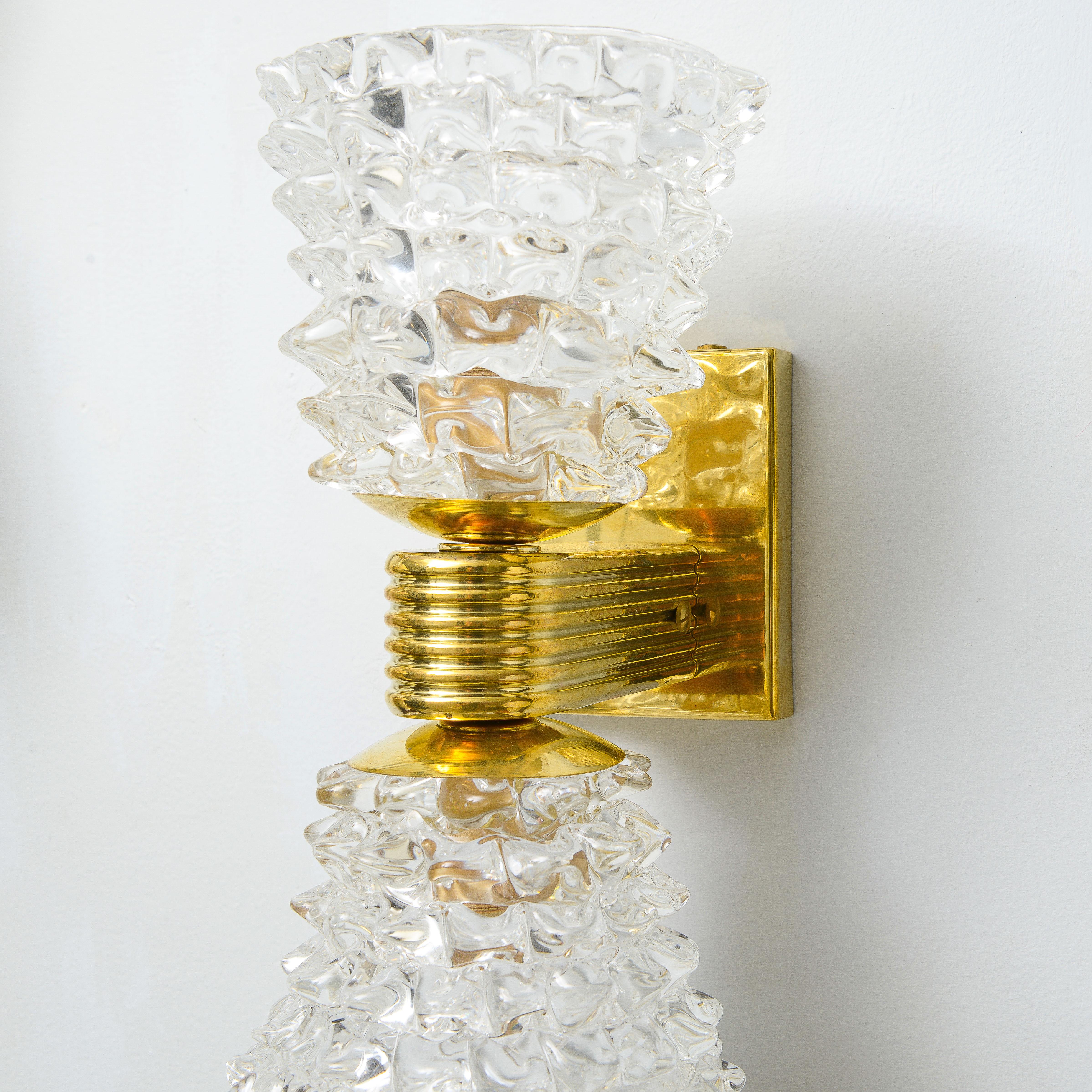 Modern Contemporary Italian Rostrato Double-Arm Murano Glass and Brass Sconces For Sale