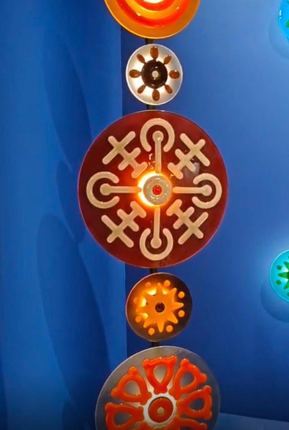 Lampadaire totem italien contemporain en verre de Murano rond, vert et bleu à deux disques en vente 3