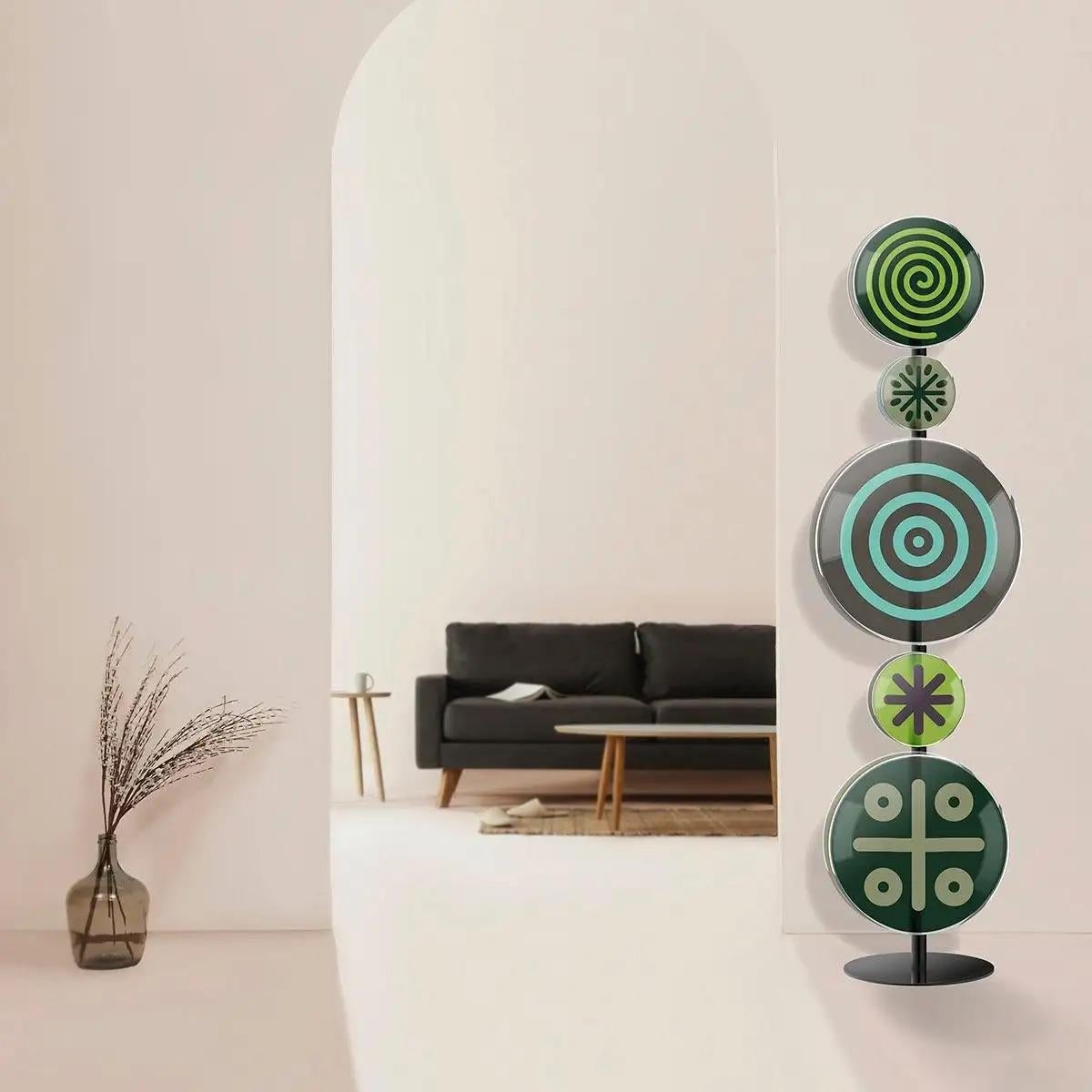 Lampadaire totem italien contemporain en verre de Murano rond, vert et bleu à deux disques en vente 6