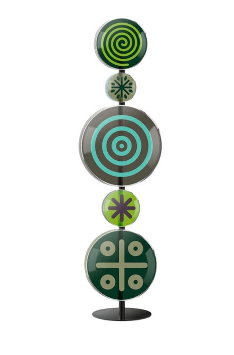 Lampadaire totem italien contemporain en verre de Murano rond, vert et bleu à deux disques en vente 7