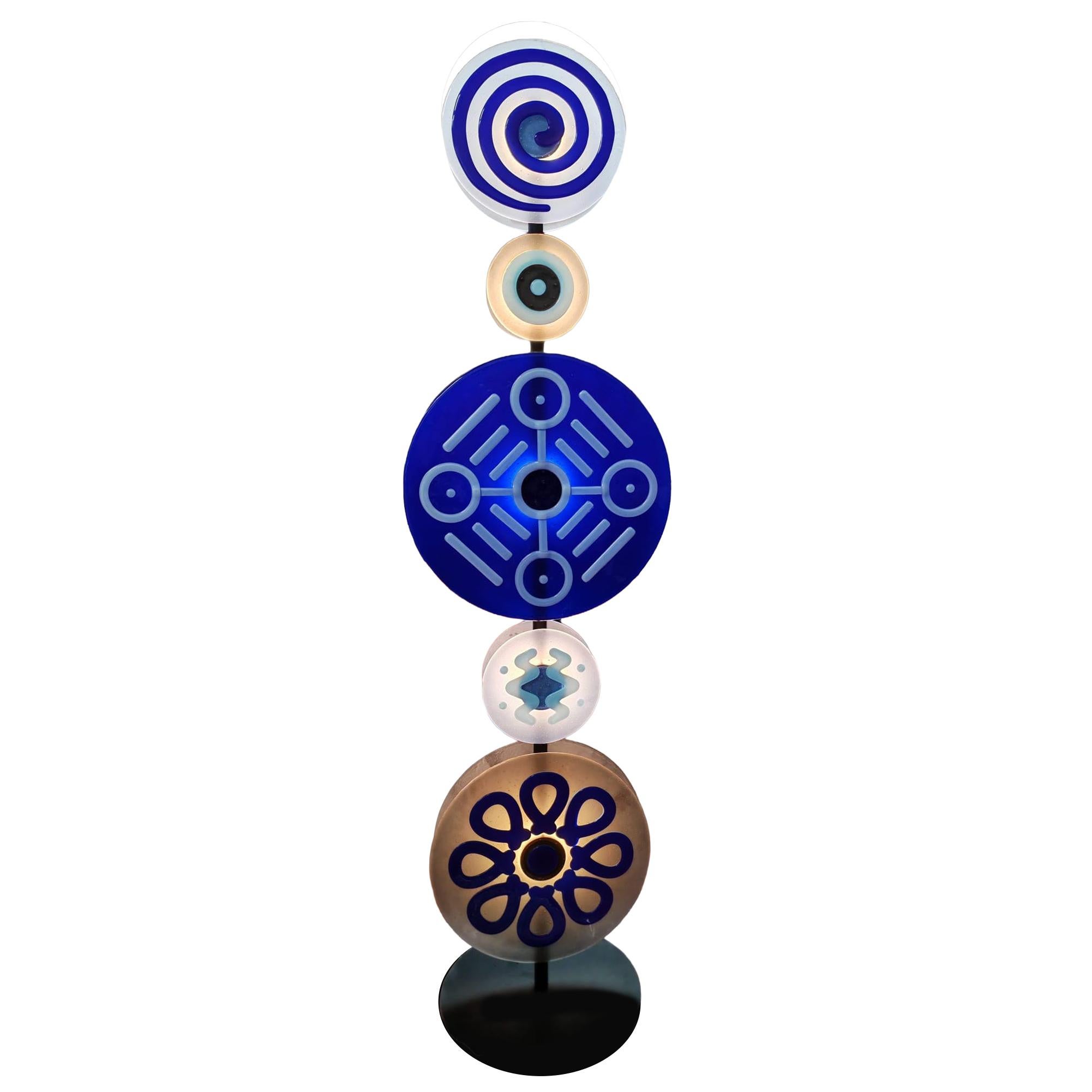 XXIe siècle et contemporain Lampadaire totem italien contemporain en verre de Murano rond, vert et bleu à deux disques en vente
