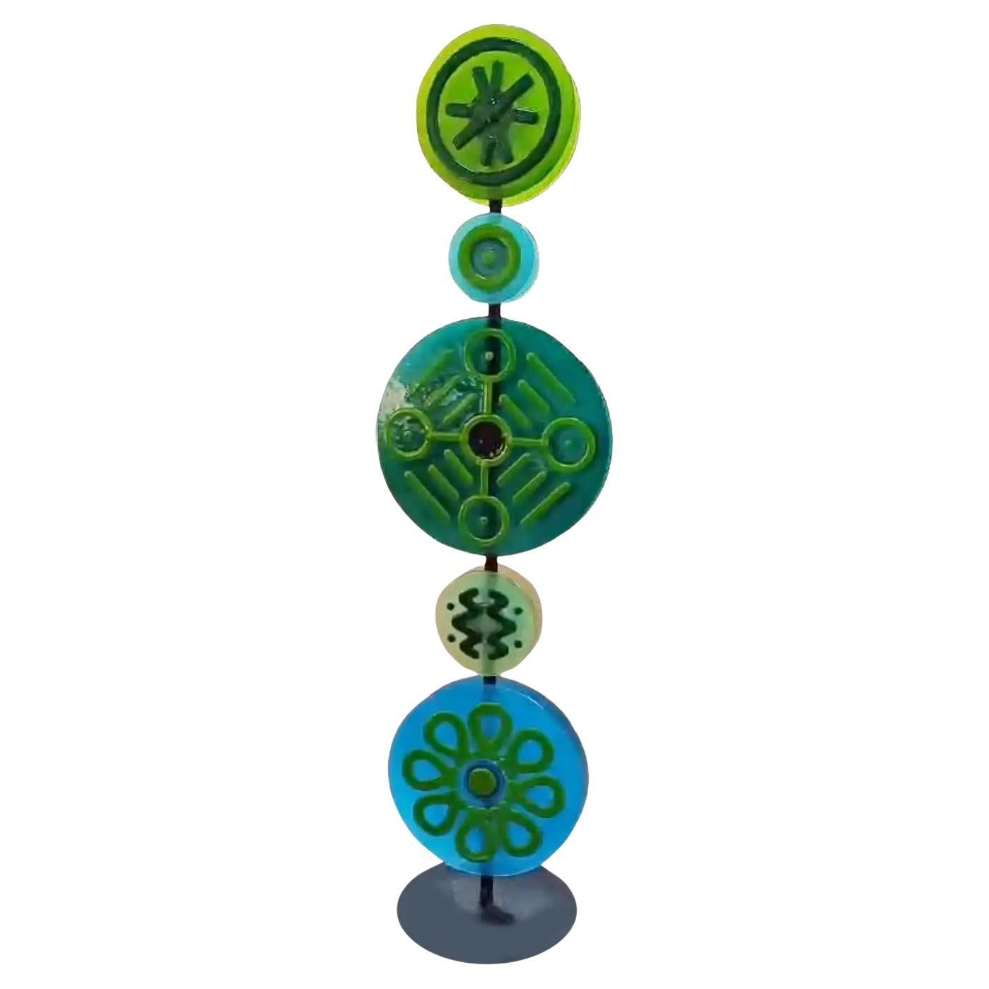 Contemporary Italian Round Green Blue Murano Glass Double Discs Totem Floor Lamp