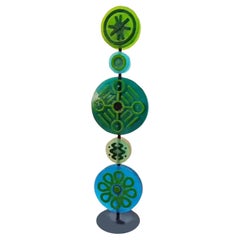 Contemporary Italian Round Green Blue Murano Glass Double Discs Totem Floor Lamp
