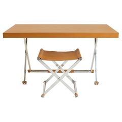 Contemporary Italian Saddle Brown Leather Desk with Matching Stool