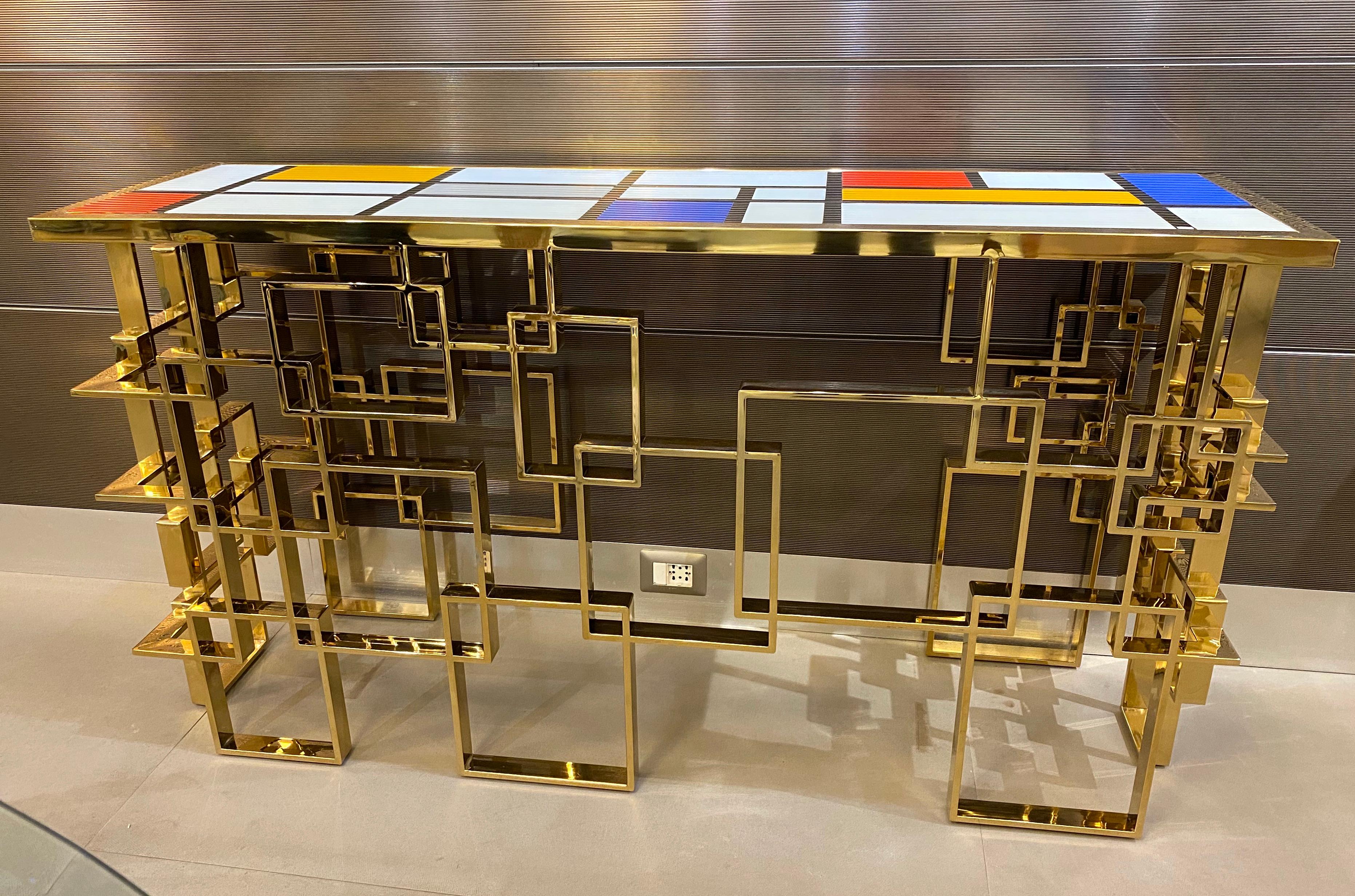 Contemporary Italian Sculptural Brass and Glass Top Console Table For Sale 6
