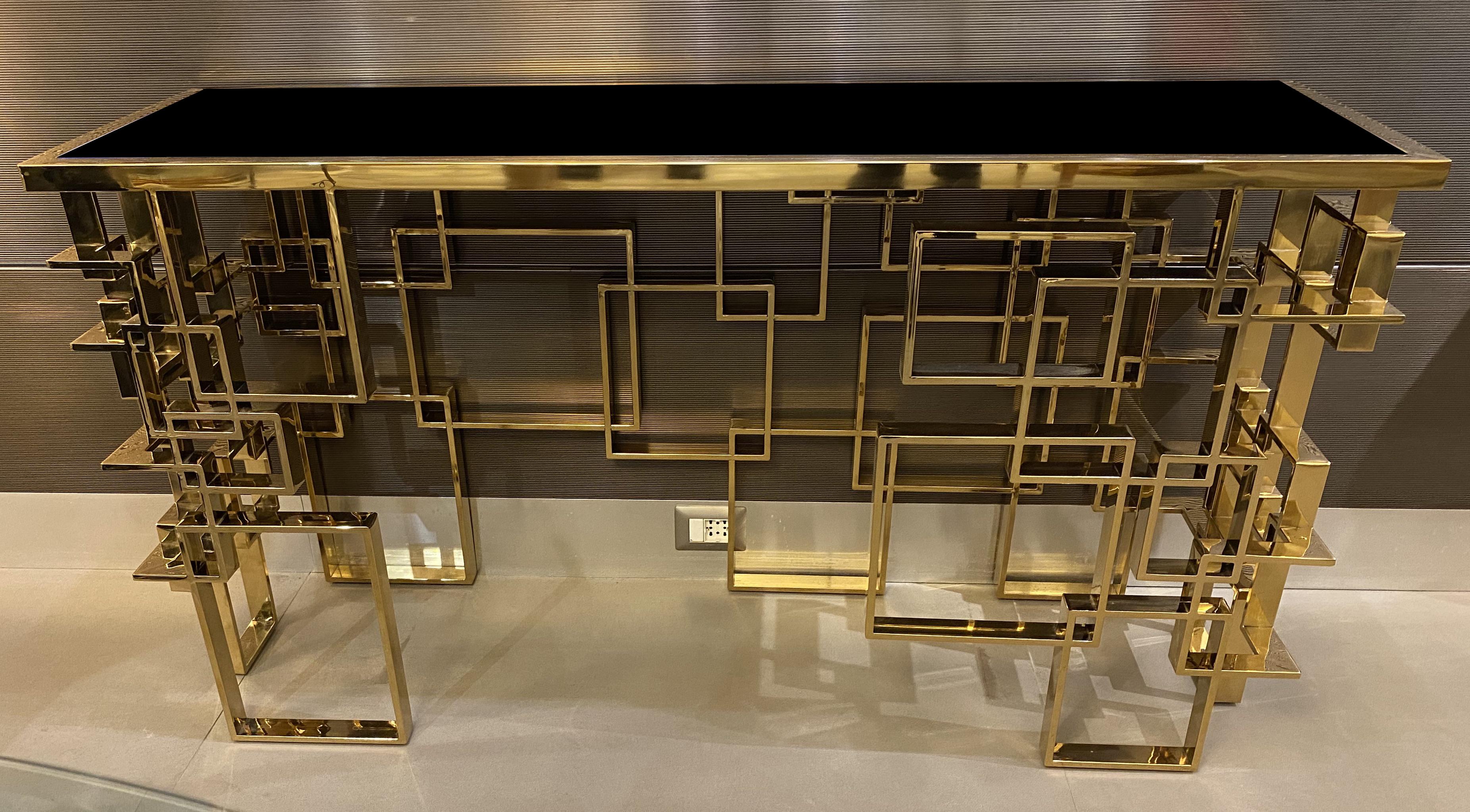 Contemporary Italian Sculptural Brass and Glass Top Console Table For Sale 7