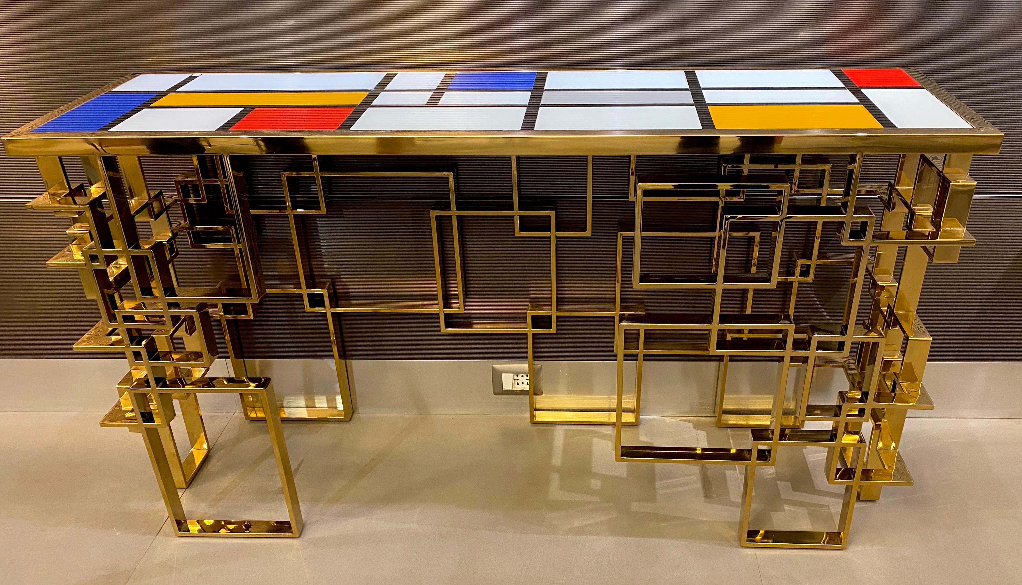 Zeitgenössischer italienischer skulpturaler Konsolentisch aus Messing und Glasplatte im Angebot 7