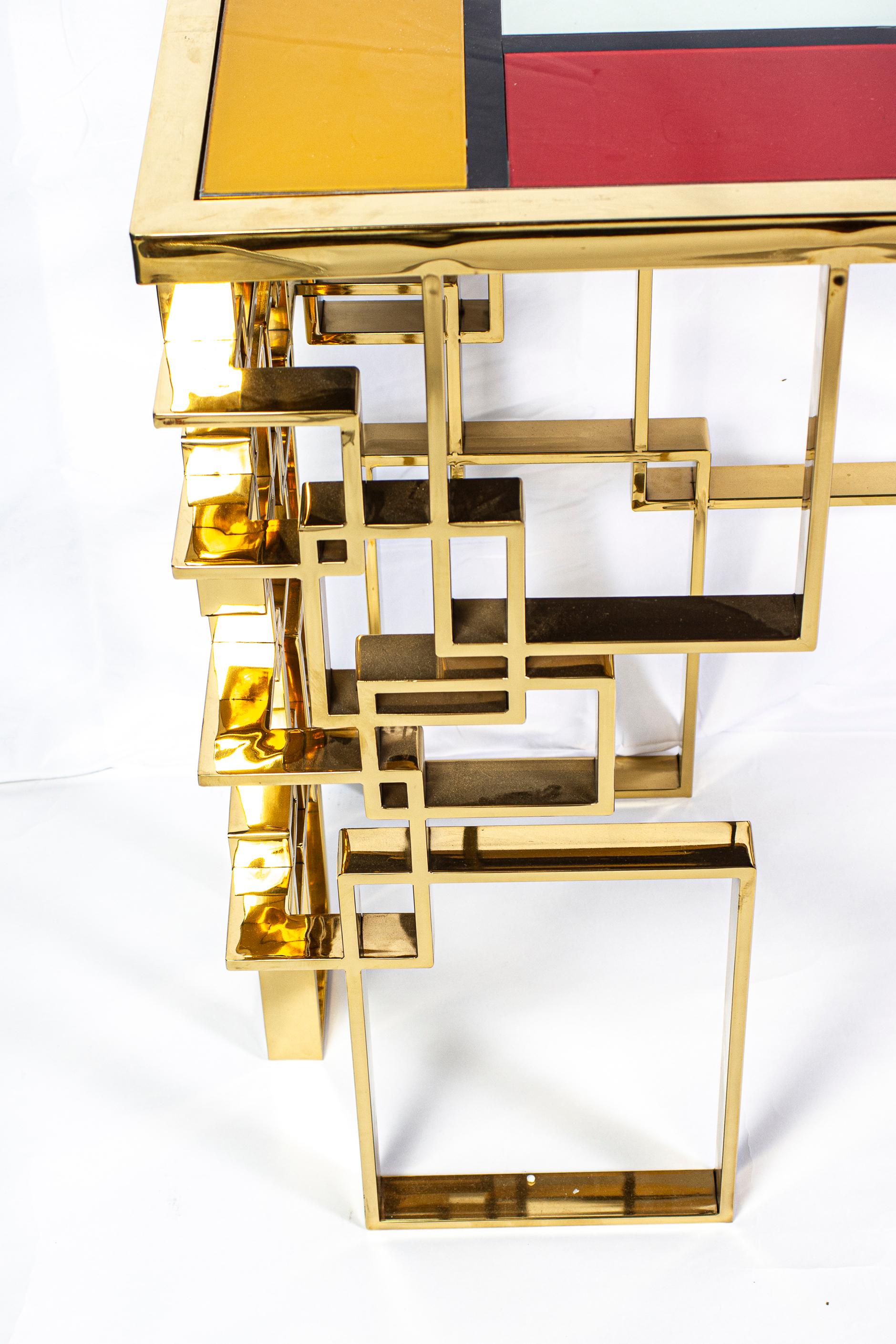 Contemporary Italian Sculptural Brass and Glass Top Console Table For Sale 14