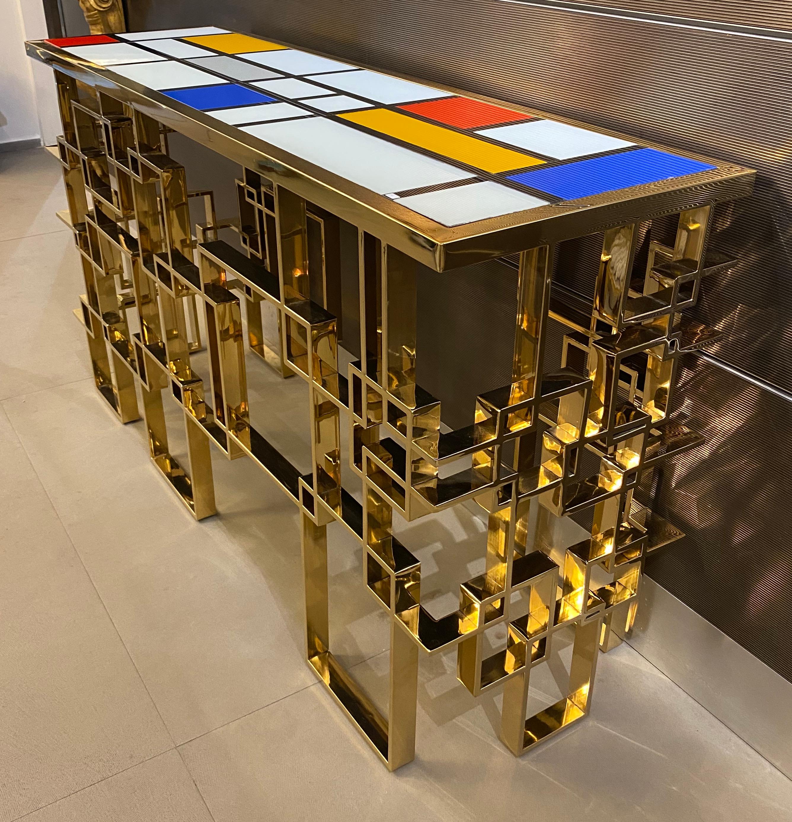 Zeitgenössischer italienischer skulpturaler Konsolentisch aus Messing und Glasplatte im Angebot 12