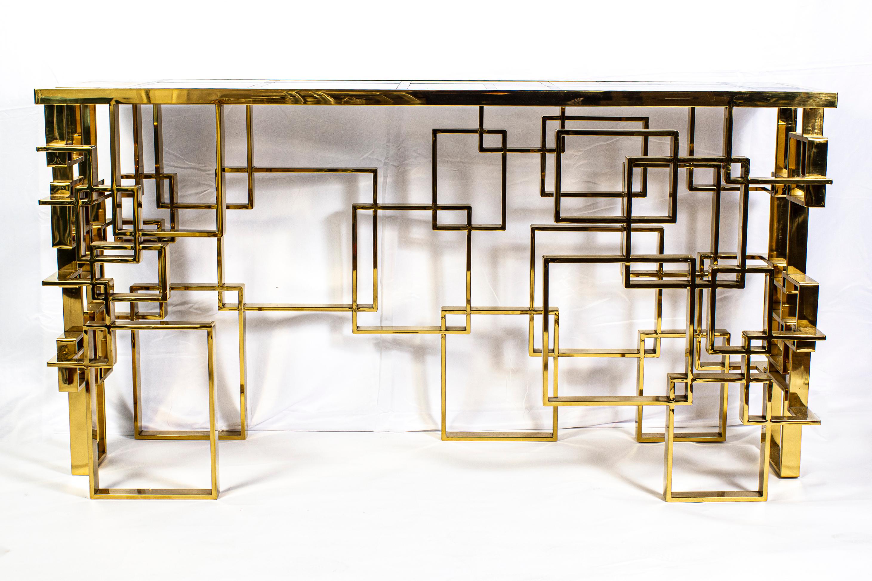 Contemporary Italian Sculptural Brass and Glass Top Console Table For Sale 15