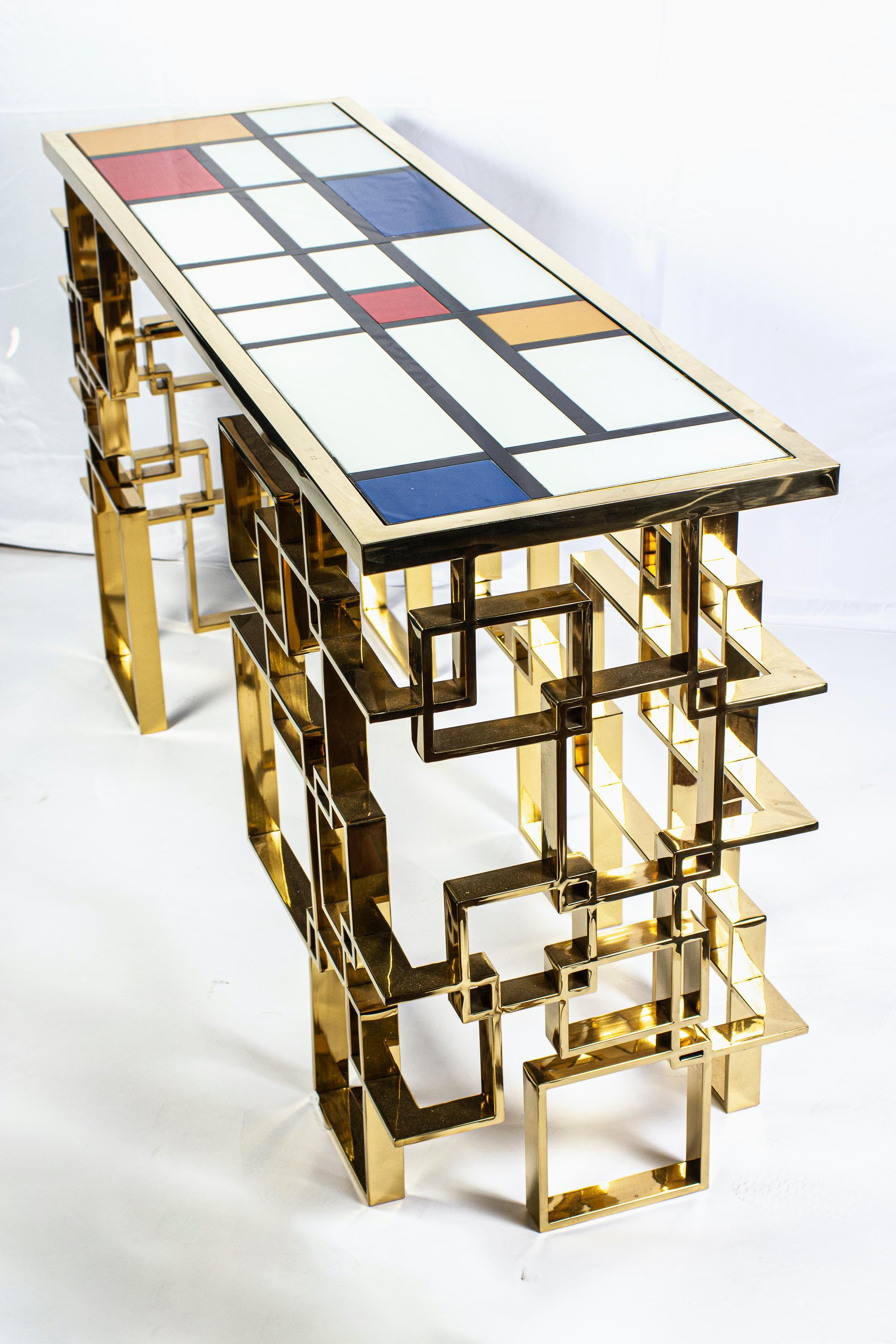 Mid-Century Modern Contemporary Italian Sculptural Brass and Glass Top Console Table For Sale