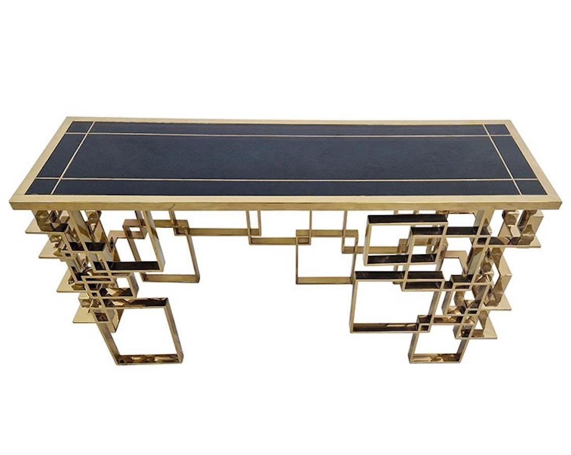Contemporary Italian Sculptural Brass and Glass Top Console Table For Sale 5