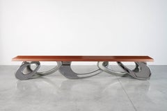 Contemporary Italian Sculptural Mahogany Long Bench in Polished Stainless Steel
