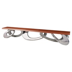 Contemporary Italian Sculptural Mahogany Long Bench in Polished Stainless Steel