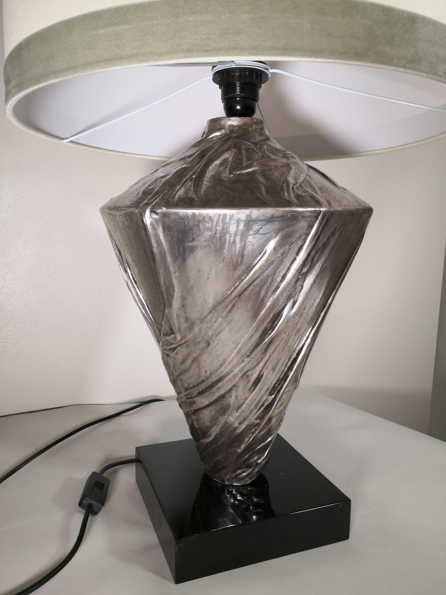 Contemporary Italian Silver Plated Hand Decorated Wooden Lamp For Sale 1