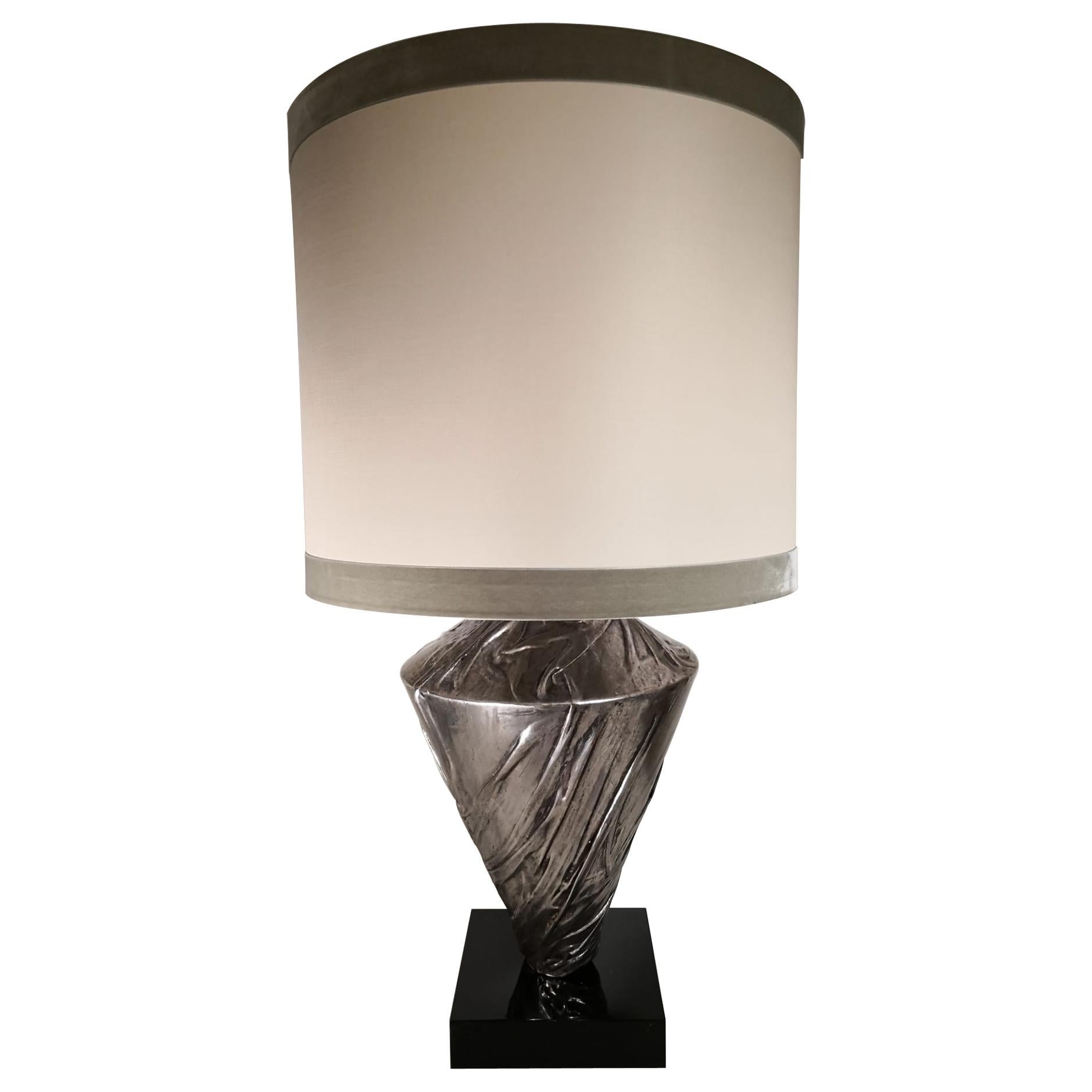 Contemporary Italian Silver Plated Hand Decorated Wooden Lamp For Sale