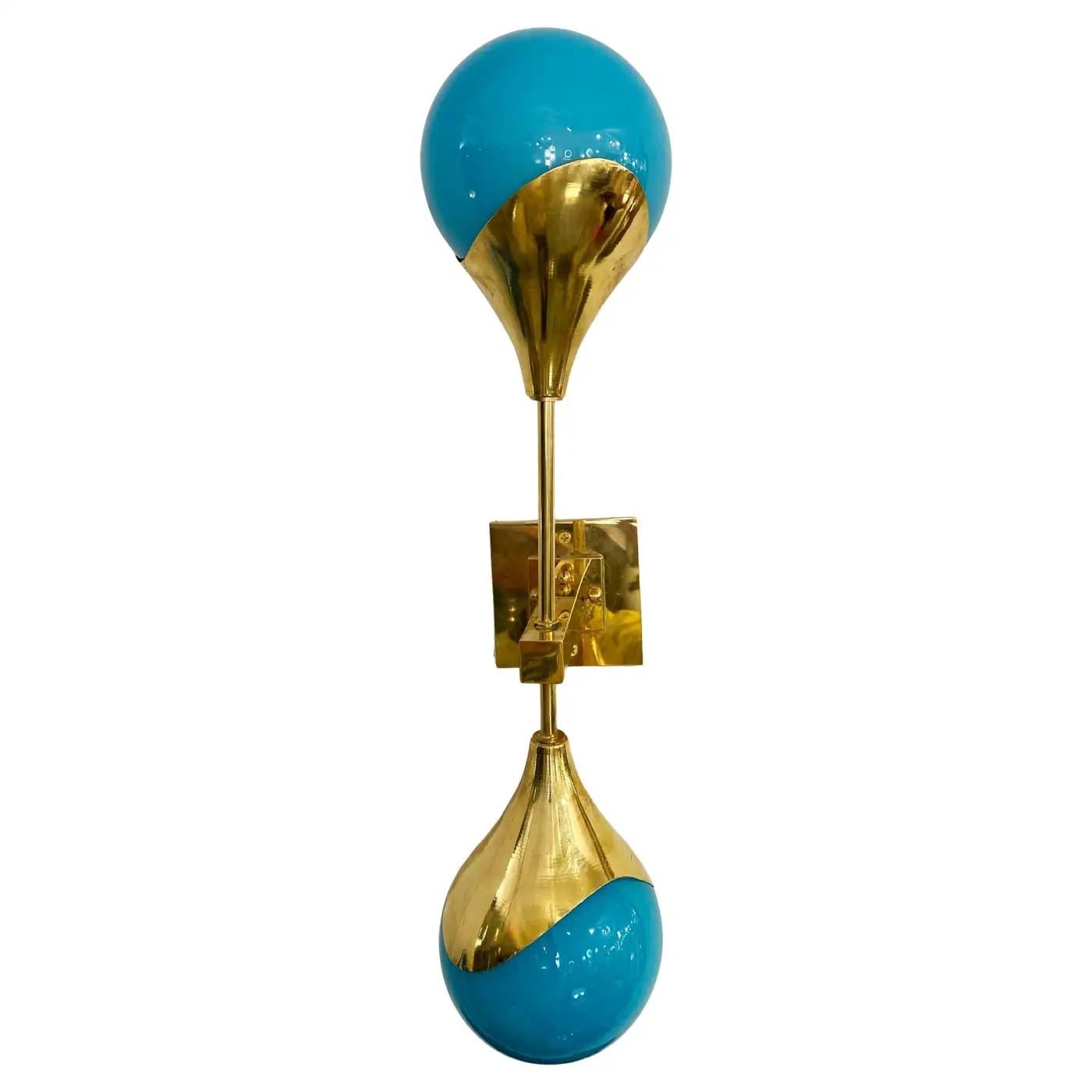 Contemporary Italian Single Two Globe Turquoise Murano Glass Brass Sconce
