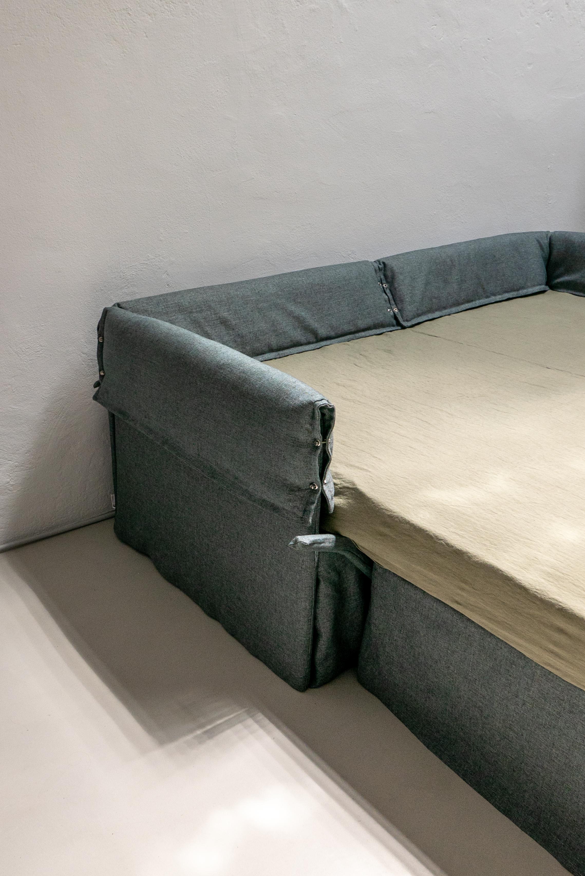 Contemporary Italian Sofa Bed by Spinzi, Green Fabric Upholstery, Bolts Details For Sale 10