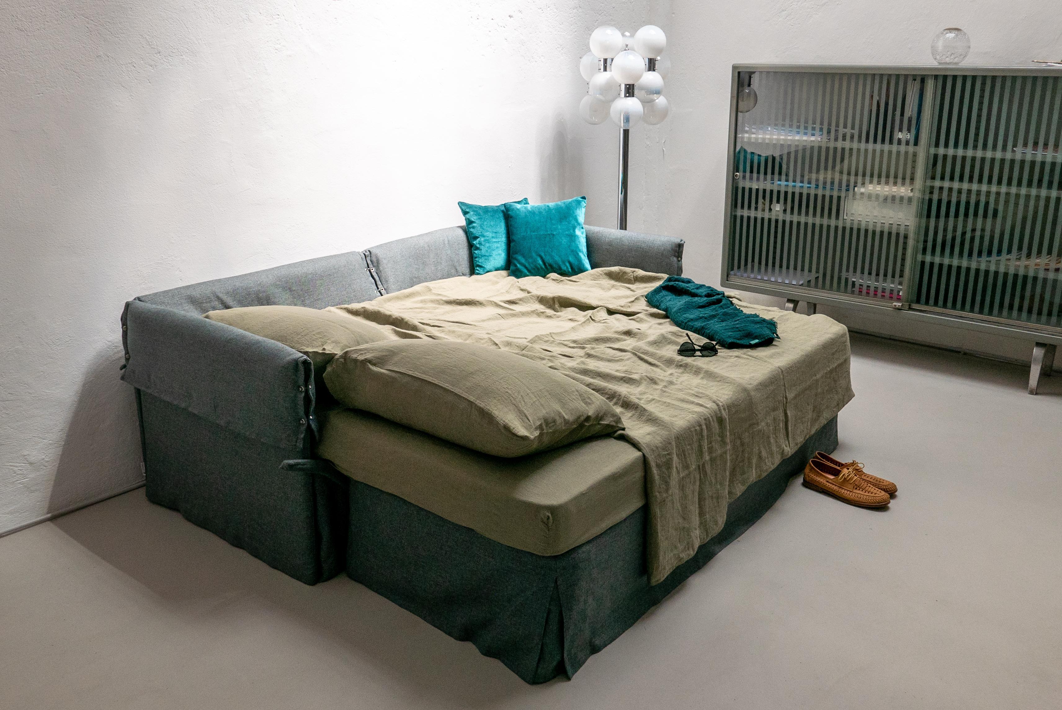Contemporary Italian Sofa Bed by Spinzi, Green Fabric Upholstery, Bolts Details For Sale 14
